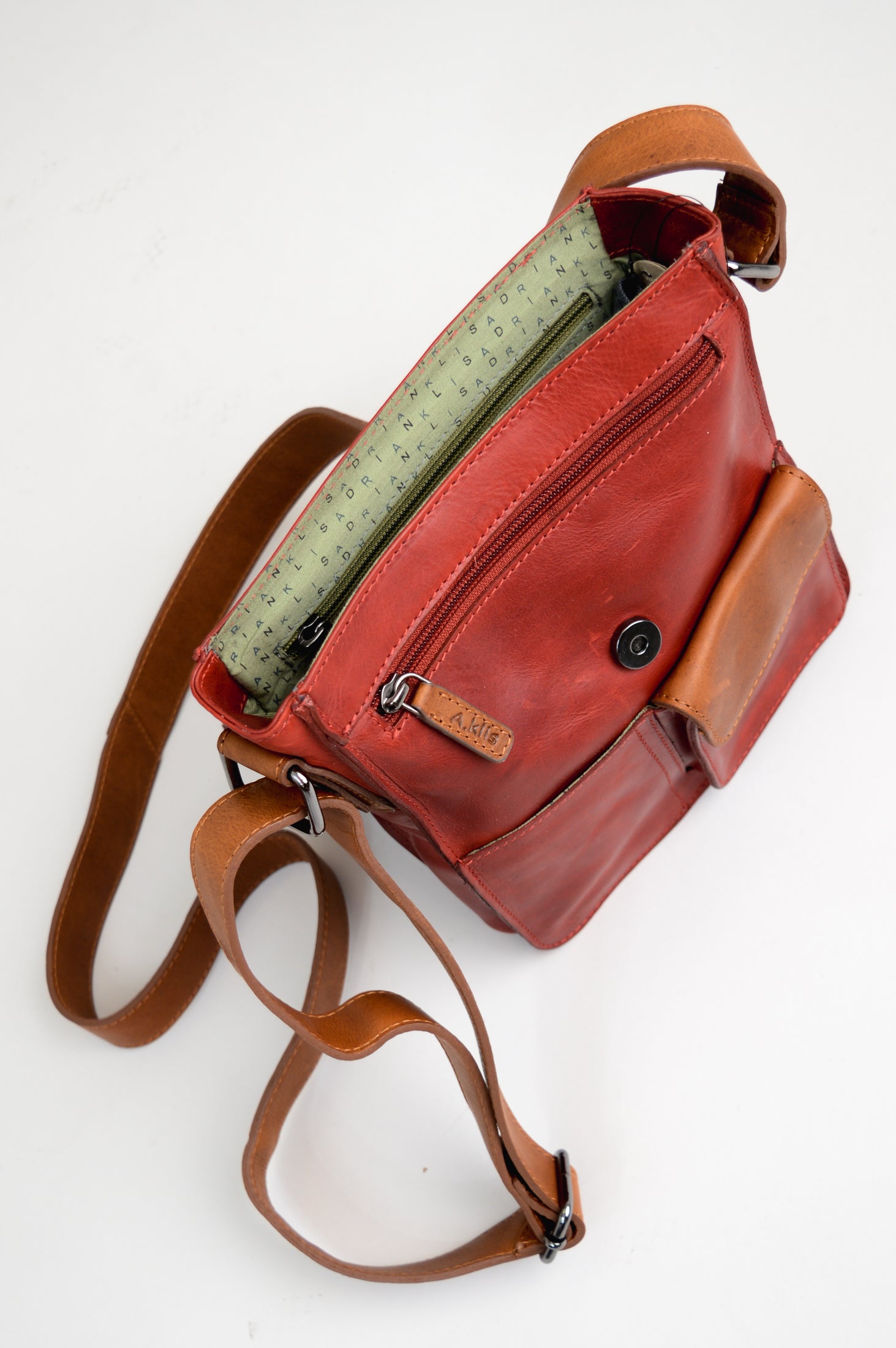 Premium Buffalo Leather Adrian Klis 1728 Bag in Red/Tan - Stylish & Durable Crossbody Bag for Women, Perfect for Work, Travel & Everyday Use