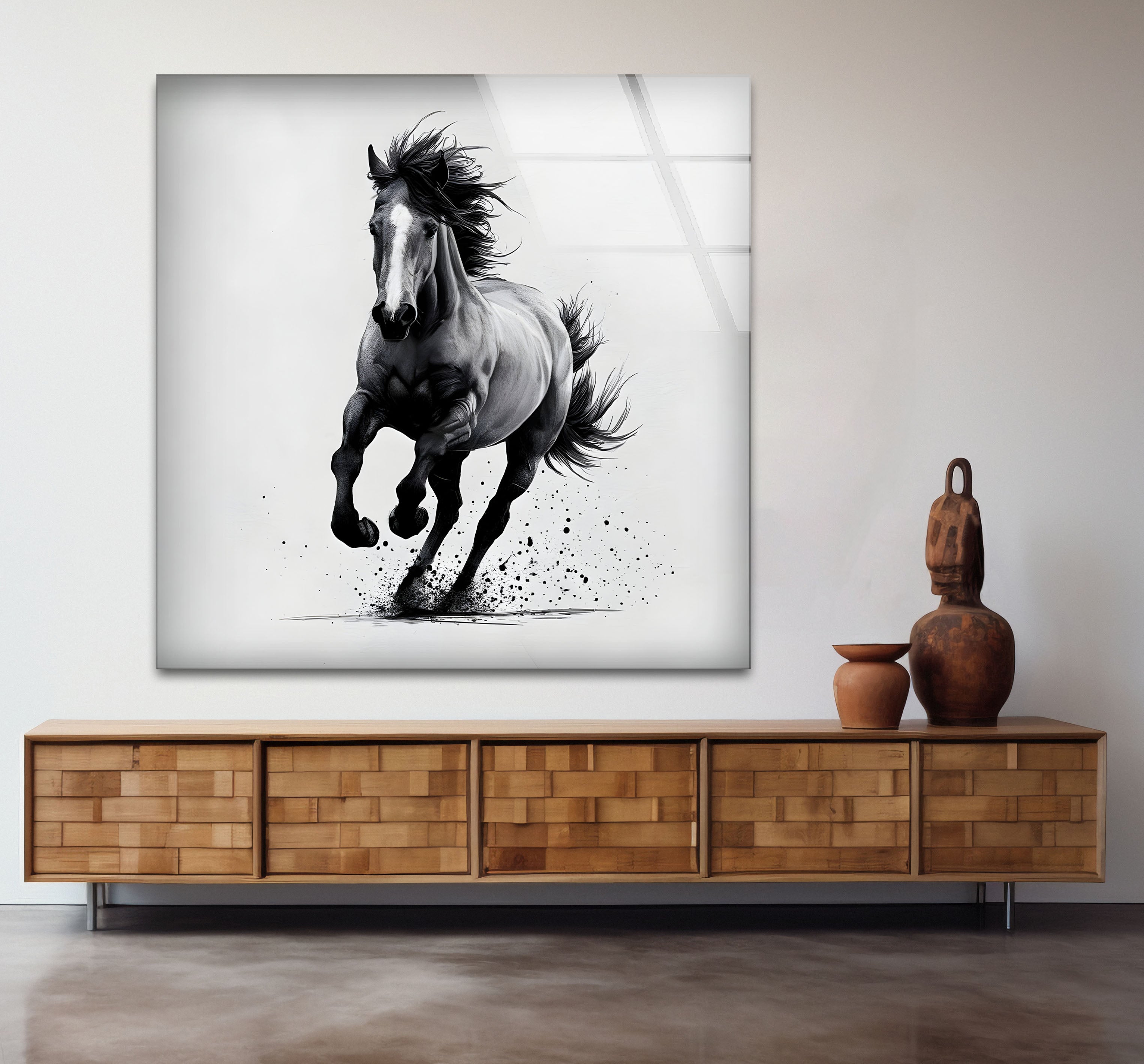 Elegant Black and White Running Horse Glass Wall Art - Modern Home Decor for Living Room, Bedroom, or Office