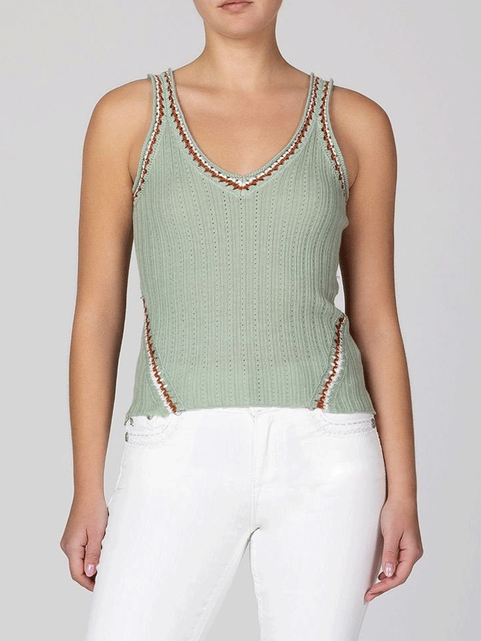 Miss Me MT3120T Women's Ribbed Tank Top with Trim Detail in Sage Green - Perfect for Casual Wear, Layering & Summer Outfits