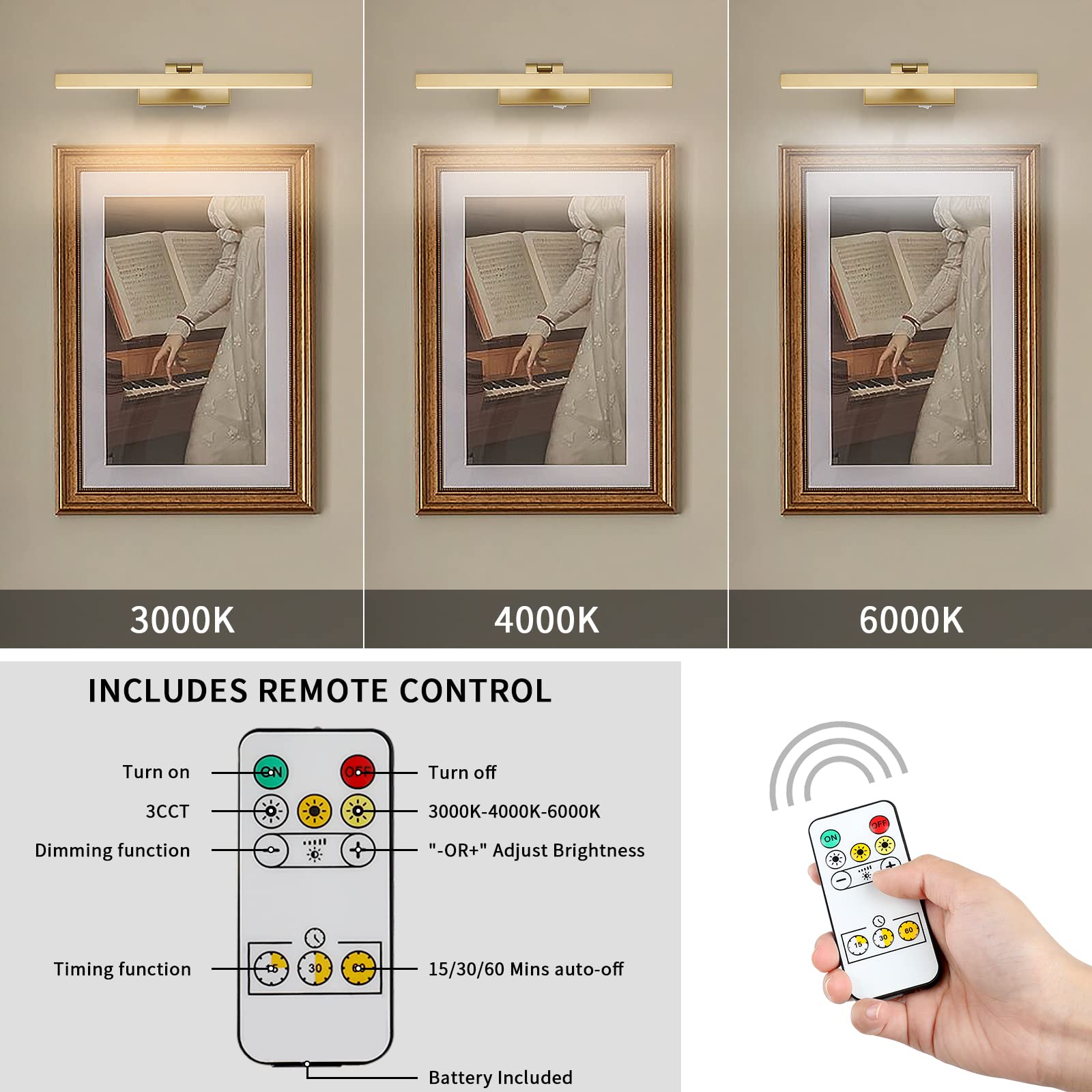 Joosenhouse Battery Operated Dimmable Picture Light with Remote - 15.75