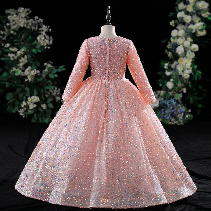 Elegant Baby Girl Long Sleeve Sequined Puff Princess Dress - Toddler Pageant Dress for Birthday Party, Photo Shoot & Special Occasions