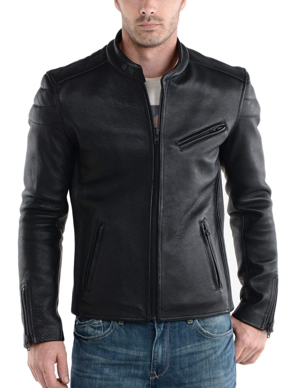 Men's Distressed Leather Jacket - Motorcycle Biker Bomber Jacket with Zipper | Stylish Black Outerwear for Riding & Casual Wear