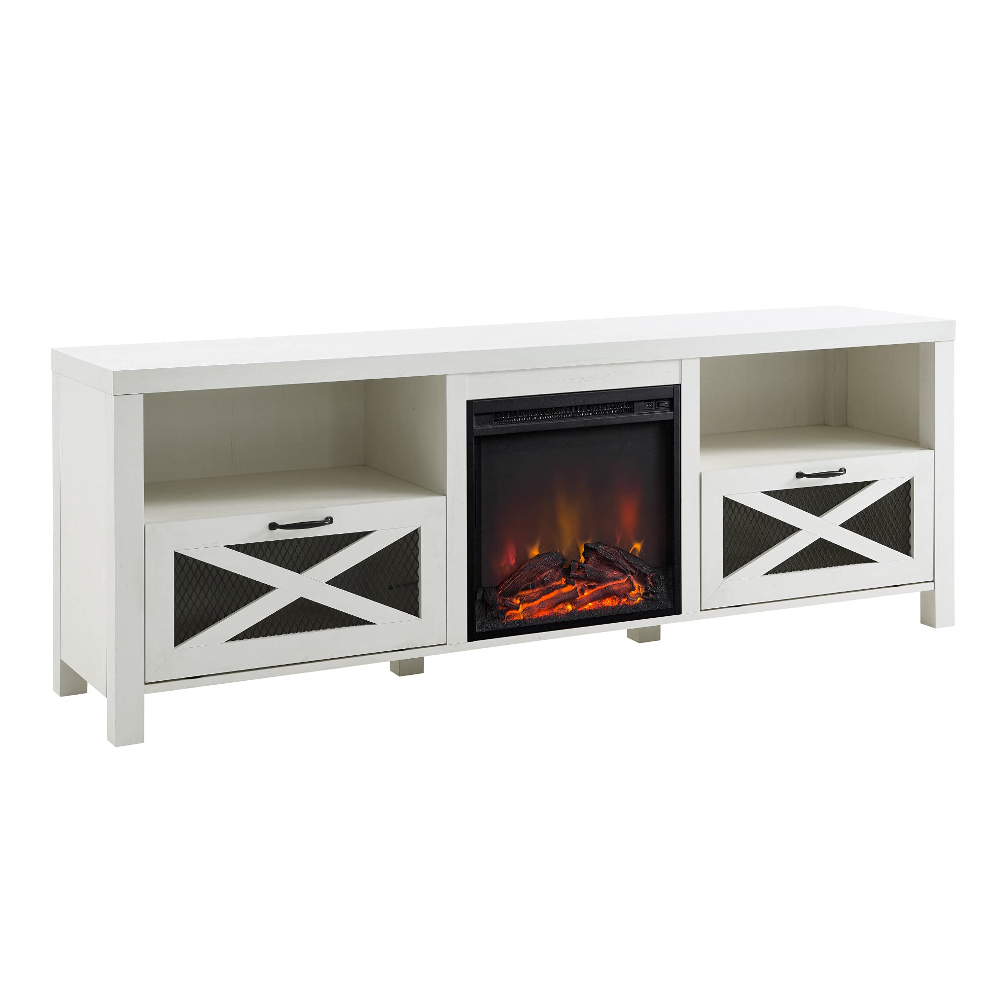 Walker Edison Calgary Industrial Farmhouse TV Stand - X-Drawer Metal Mesh & Wood Media Console for 70-80 Inch TVs, Brushed White - Perfect for Living Room, Home Theater & Modern Farmhouse Decor