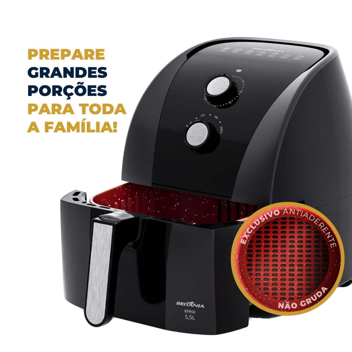 Britânia 5.5L 1500W Air Fryer (BFR50 Redstone) - Large Capacity, 220V, Healthy Oil-Free Cooking - Perfect for Family Meals, Snacks & Crispy Fried Foods