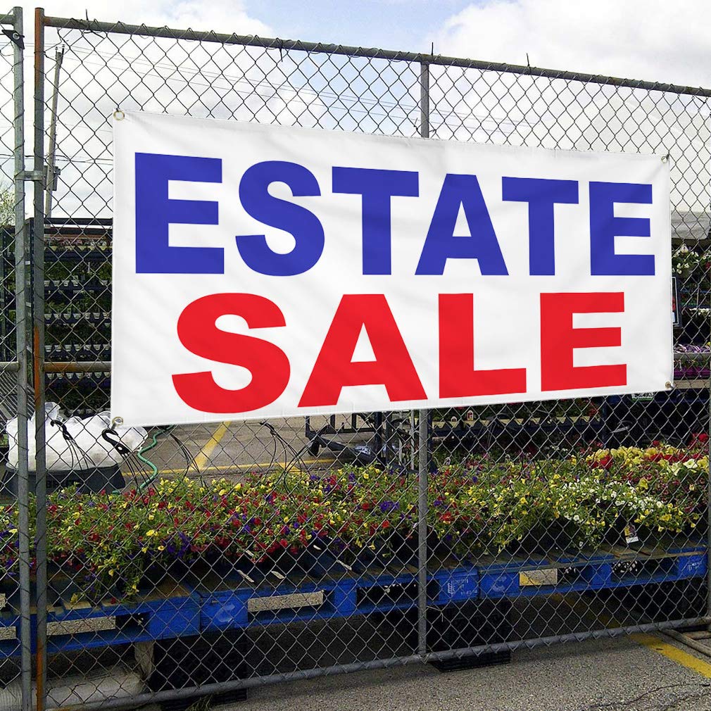 Vinyl Banner - 48x96 Inches, Multiple Sizes Available - Weatherproof Outdoor Business Sign for Estate Sales, Yard & Industrial Use - Heavy Duty with 8 Grommets (Blue/Red) - Perfect for Advertising, Events & Construction Sites
