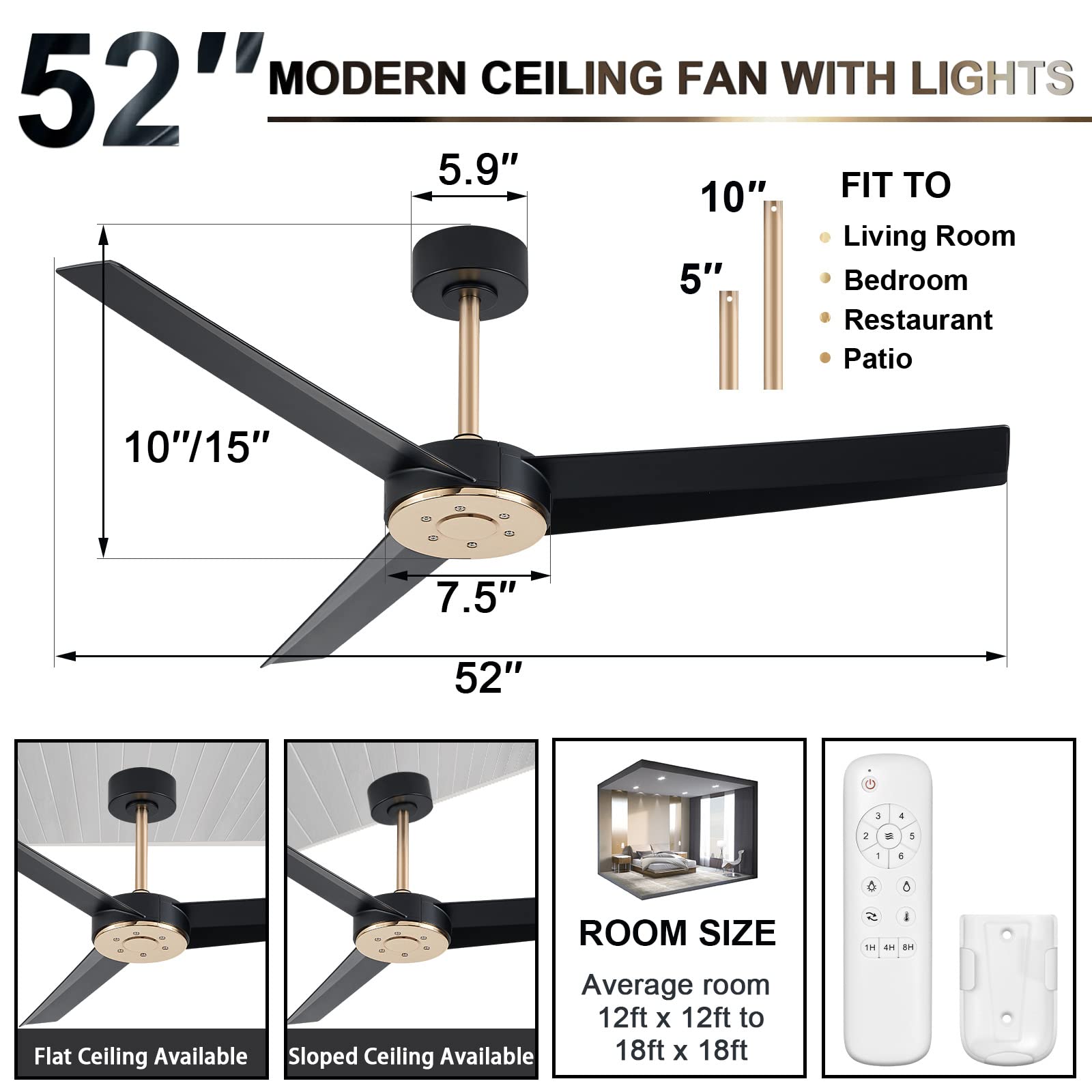 52 Inch Modern Ceiling Fan No Light - Black & Rose Gold DC Motor Remote Control Reversible 3 Blade Fan for Bedroom, Living Room, Kitchen | Silent Operation & Energy Efficient Cooling for Home & Office