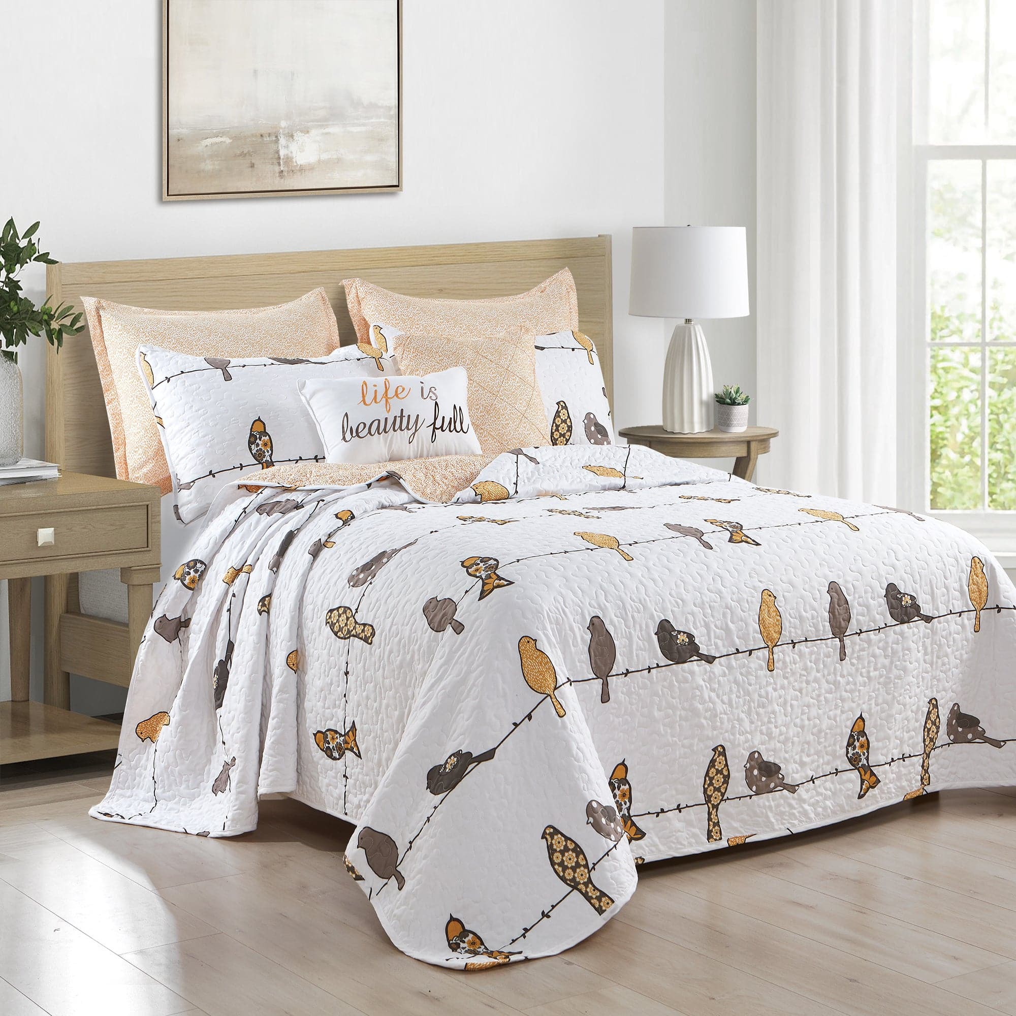 Rowley Birds Quilt 7-Piece Bedding Set - Soft Floral Printed Comforter with Matching Pillow Shams - Perfect for Guest Rooms, Master Bedrooms & Cozy Home Decor