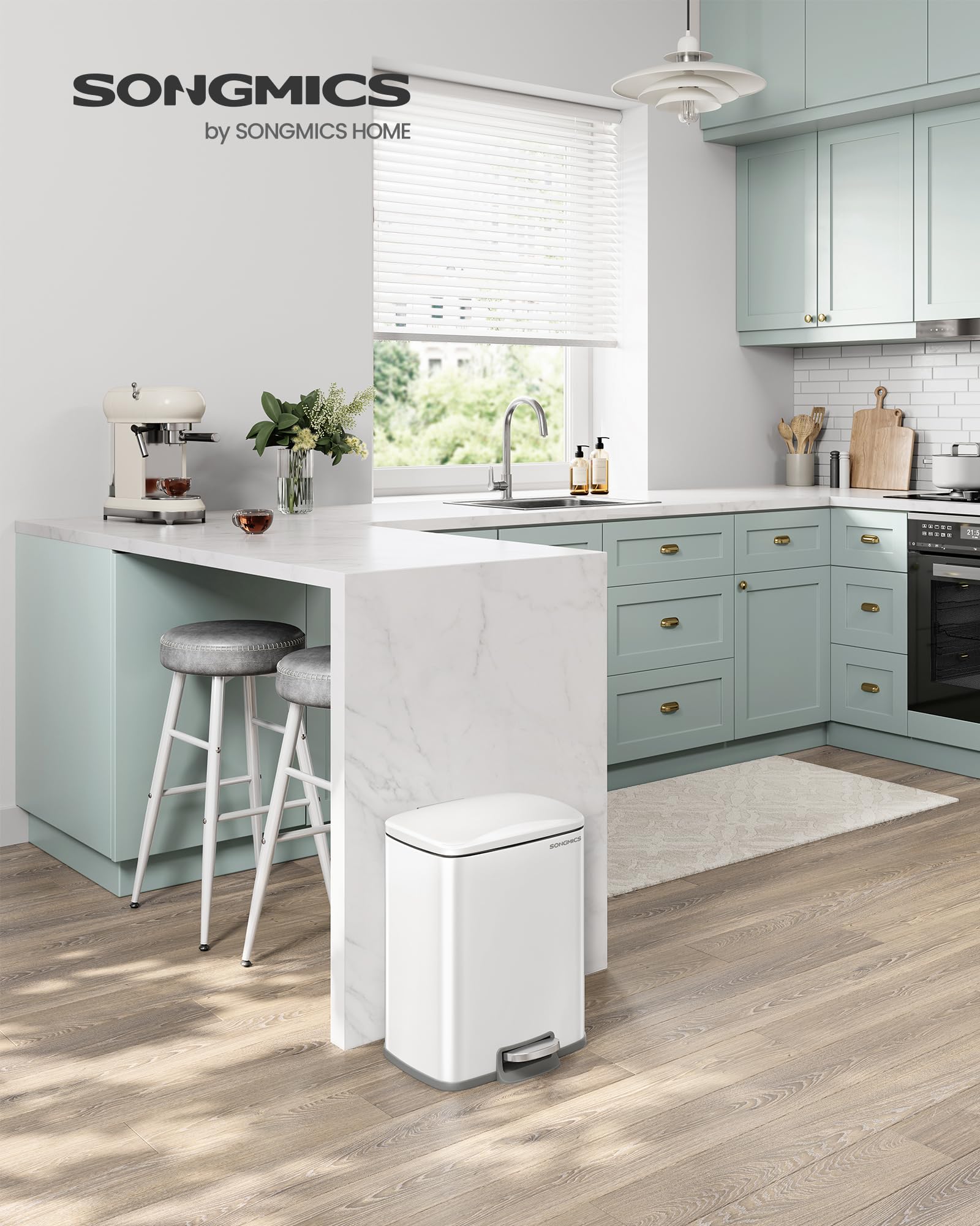 SONGMICS 5.2-Gallon Stainless Steel Step Trash Can with Lid - Soft Close, Stay Open Feature & Inner Bucket - Includes 15 Trash Bags - Perfect for Kitchen, Bathroom, Office or Garage Waste Disposal - White (ULTB543W01)