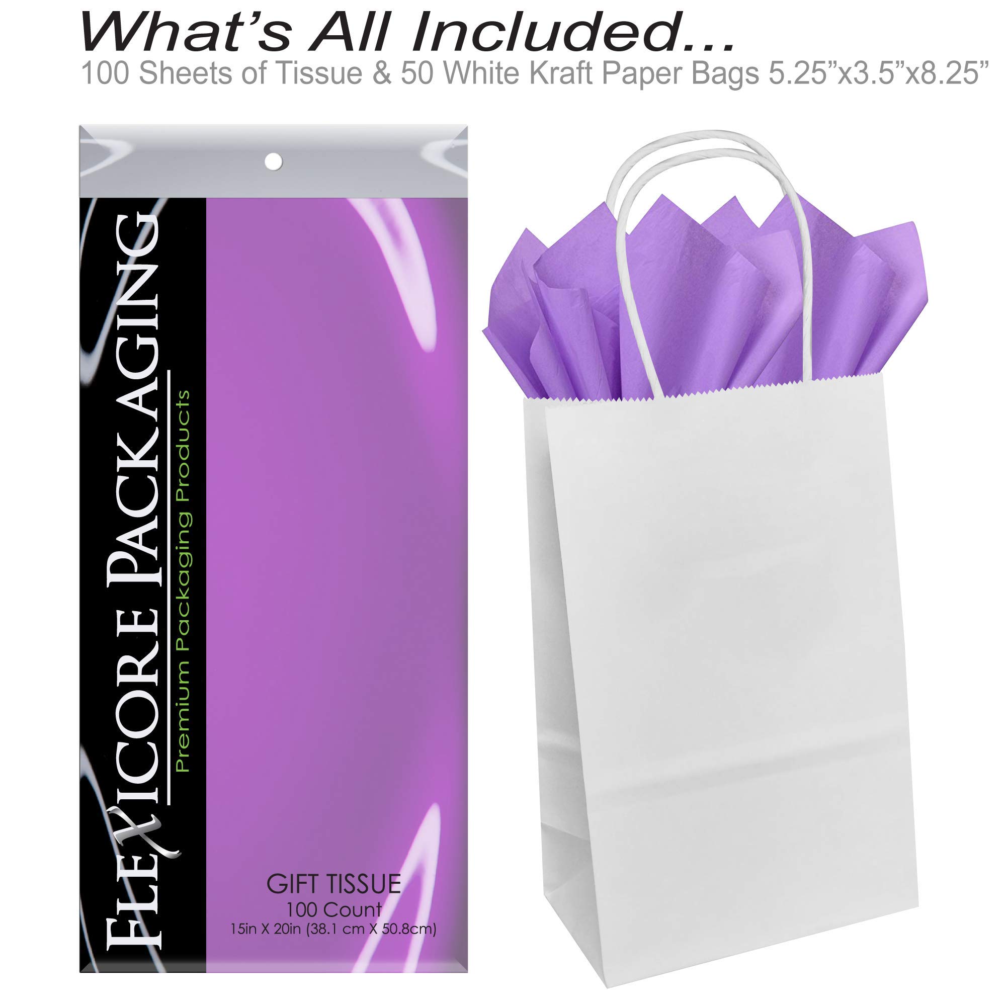 Premium White Kraft Paper Gift Bags with Lilac Purple Tissue Wrap - 5.25