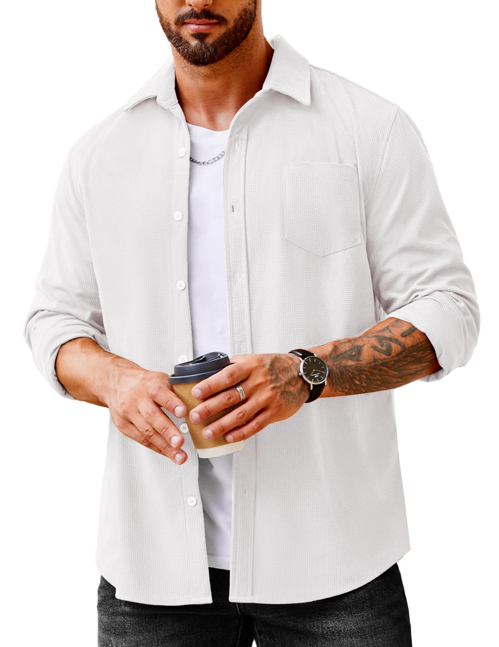 COOFANDY Men's Casual Waffle Knit Button Down Shirt Jacket - Long Sleeve Plaid Shacket with Chest Pockets | Perfect for Fall Layering, Outdoor Adventures & Streetwear Fashion