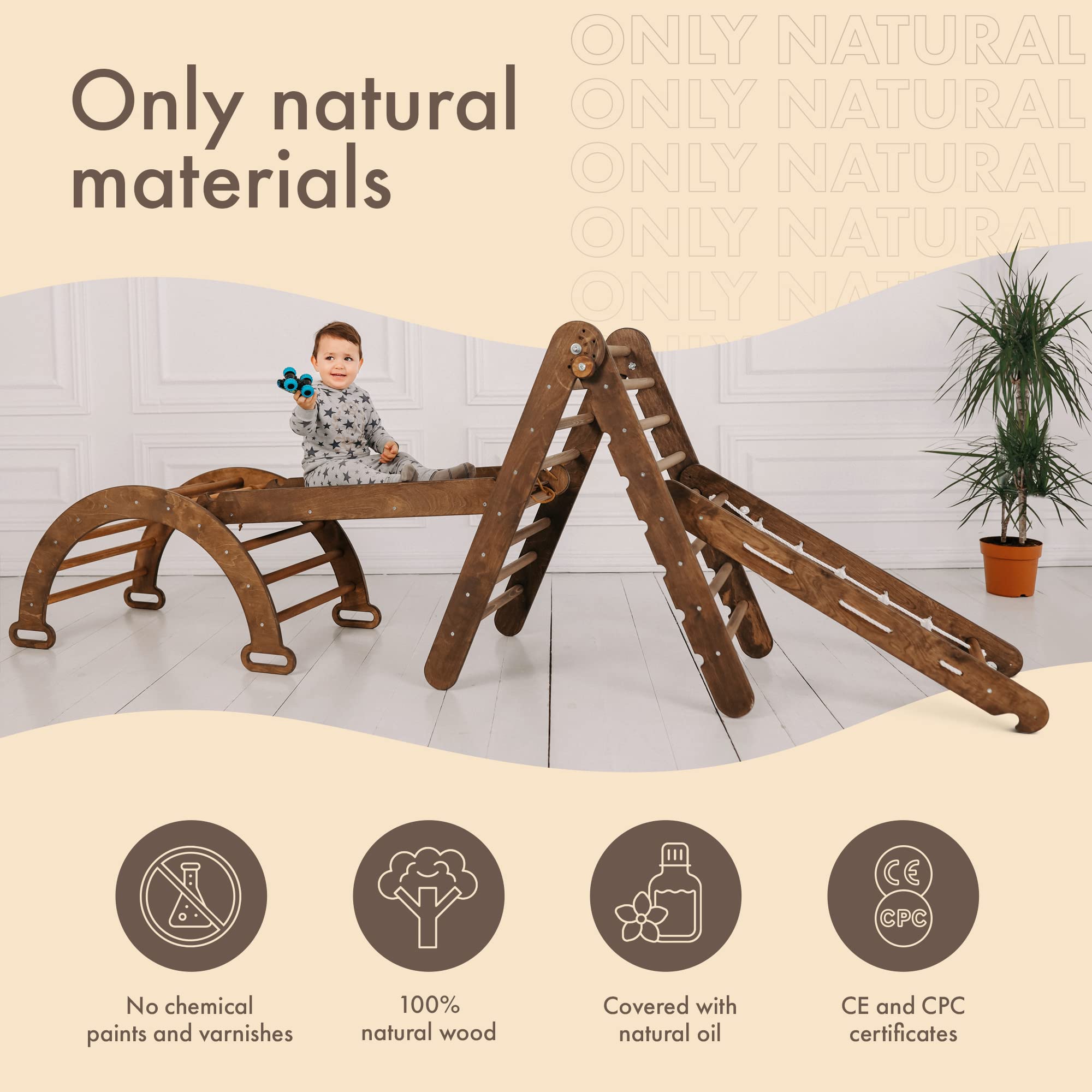 Montessori Climbing Set 4-in-1 for Kids - Wooden Climbing Triangle, Ramp, Arch & Ladder with Soft Choco Pillow | Indoor Play Equipment for Toddler Development & Home Gym