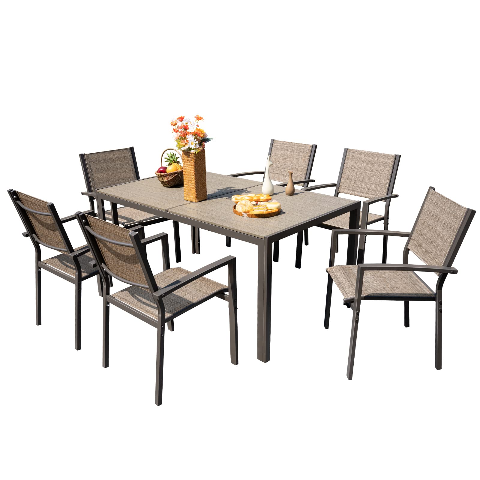 Devoko 7-Piece Patio Dining Set - Outdoor Furniture with Rectangular Table & 6 Stackable Chairs, Brown - Perfect for Garden, Backyard, Deck, and Poolside Gatherings
