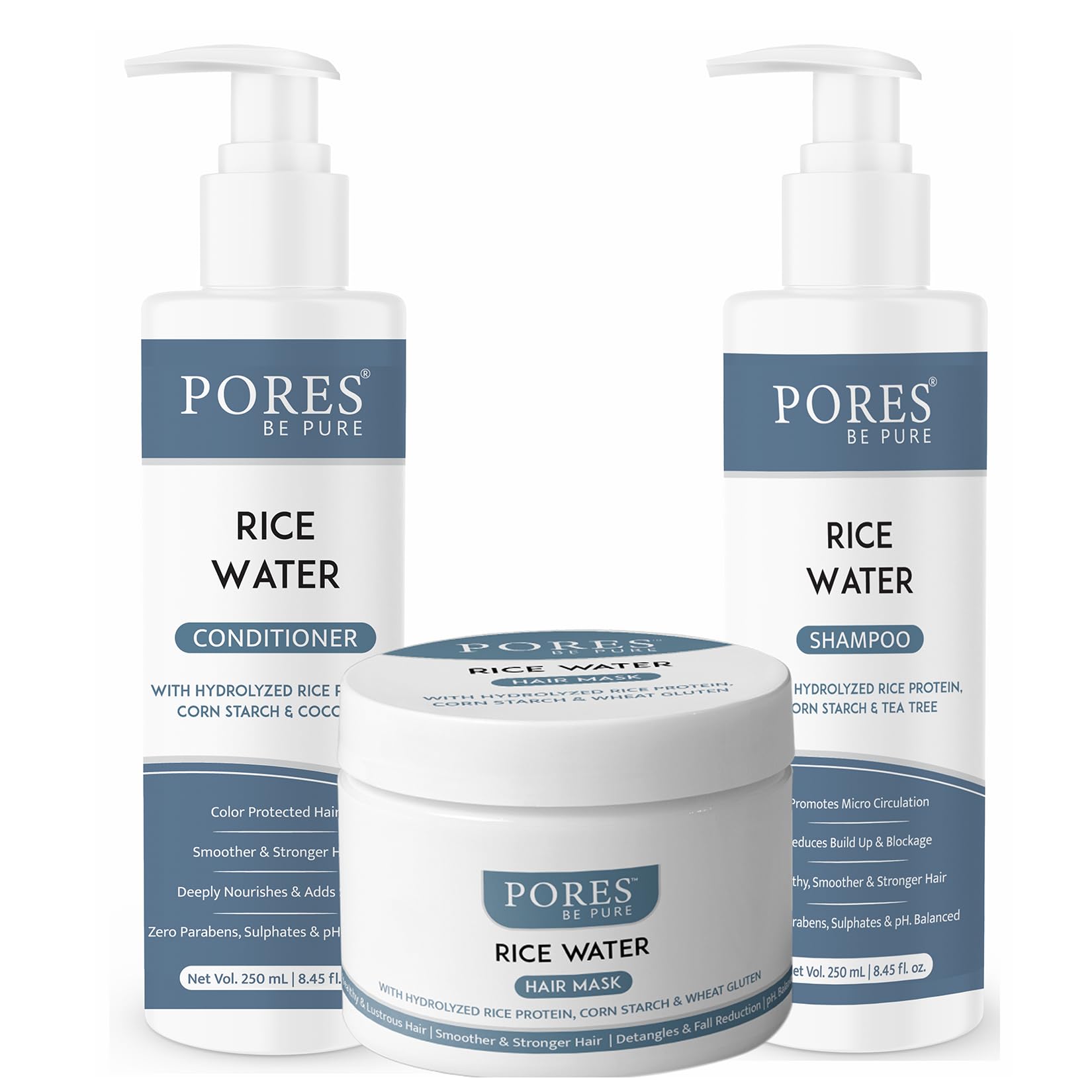 PORES Be Pure Rice Water Hair Mask (200 mL) with Shampoo (250 mL) and Conditioner (250 mL) Combo Set for Men & Women - Sulfate Free, Paraben Free Hair Care for Curly, Dry & Frizzy Hair - Natural Hydrating Treatment for Damaged Hair - Perfect for Daily Use & Salon-Quality Results at Home