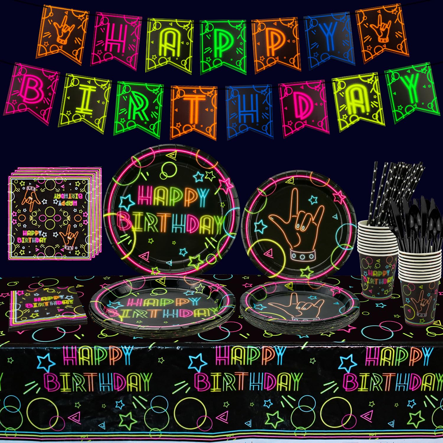 Glow in the Dark Party Supplies Set - 20-Piece Neon Birthday Decorations Kit with Banner, Plates, Napkins, Cups, Cutlery & Tablecloth for Blacklight Glow Party | Perfect for Birthday Celebrations, Rave Events & UV Nightclub Decor