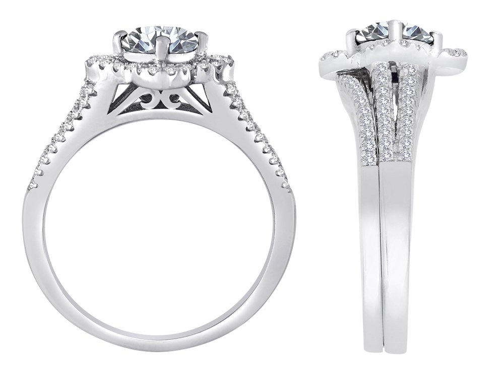 Star K Round White Topaz Halo Wedding Ring Set in Sterling Silver - Perfect for Engagement, Anniversary & Bridal Jewelry Gifts