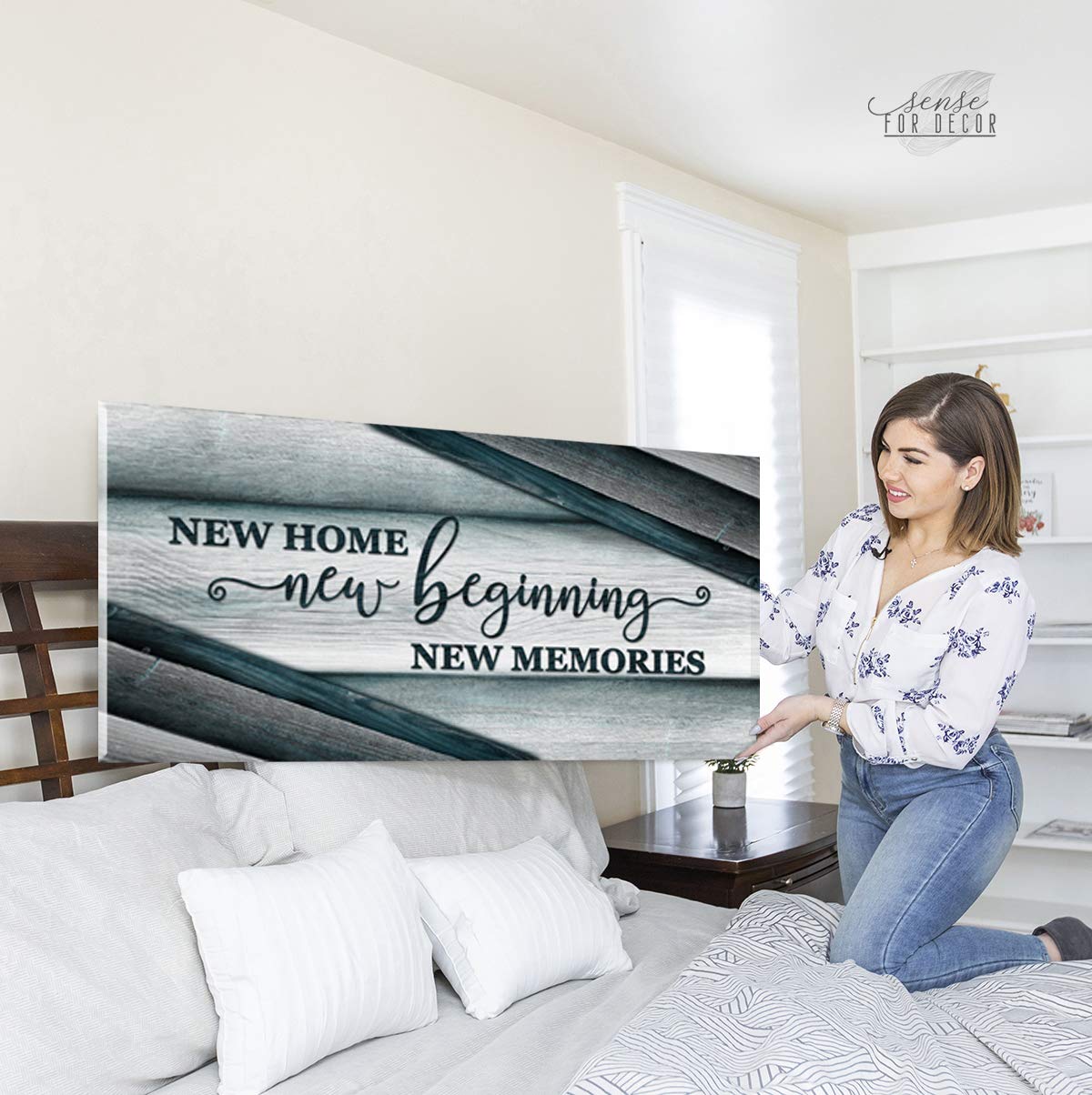 Wooden Framed Canvas Wall Art - Sense of Art New Home New Beginnings V15 - Housewarming Gift for Living Room, Religious & Rustic Home Decor (Teal, 60x27 Inches) - Perfect for Farmhouse, Apartment & Wedding Gifts