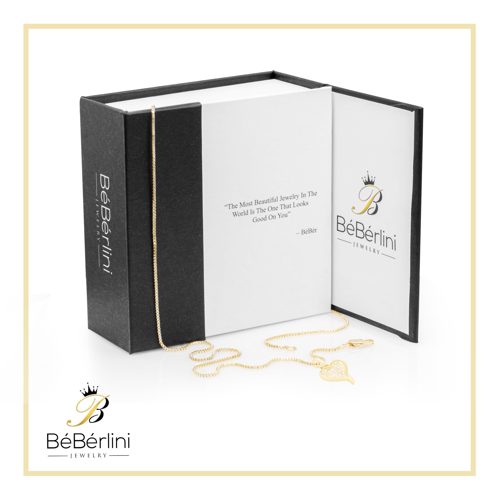 BEBERLINI Heart CZ Charms 14K Gold Filled Box Chain Charm Pendant Necklace Set for Women - 18 Inch Elegant Jewelry Gift for Valentine's Day, Anniversary & Special Occasions