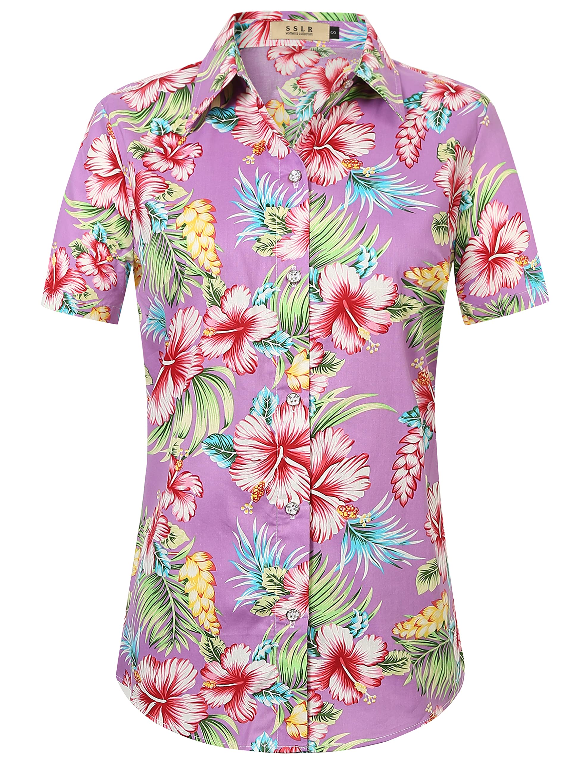 SSLR Women's Hawaiian Shirt Floral Blouse - Short Sleeve Button Down Tropical Shirt for Women - Perfect for Beach Vacation, Summer Party & Casual Outfit