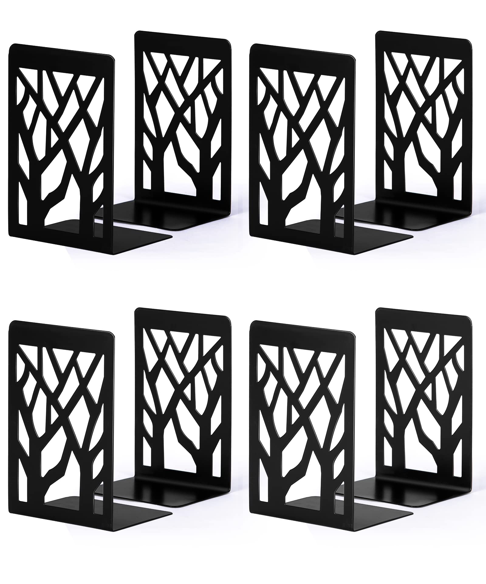 Decorative Metal Bookends for Heavy Books - 4-Pair Black Book Shelf Holders & Supports - Perfect for Home, Office, and Library Organization