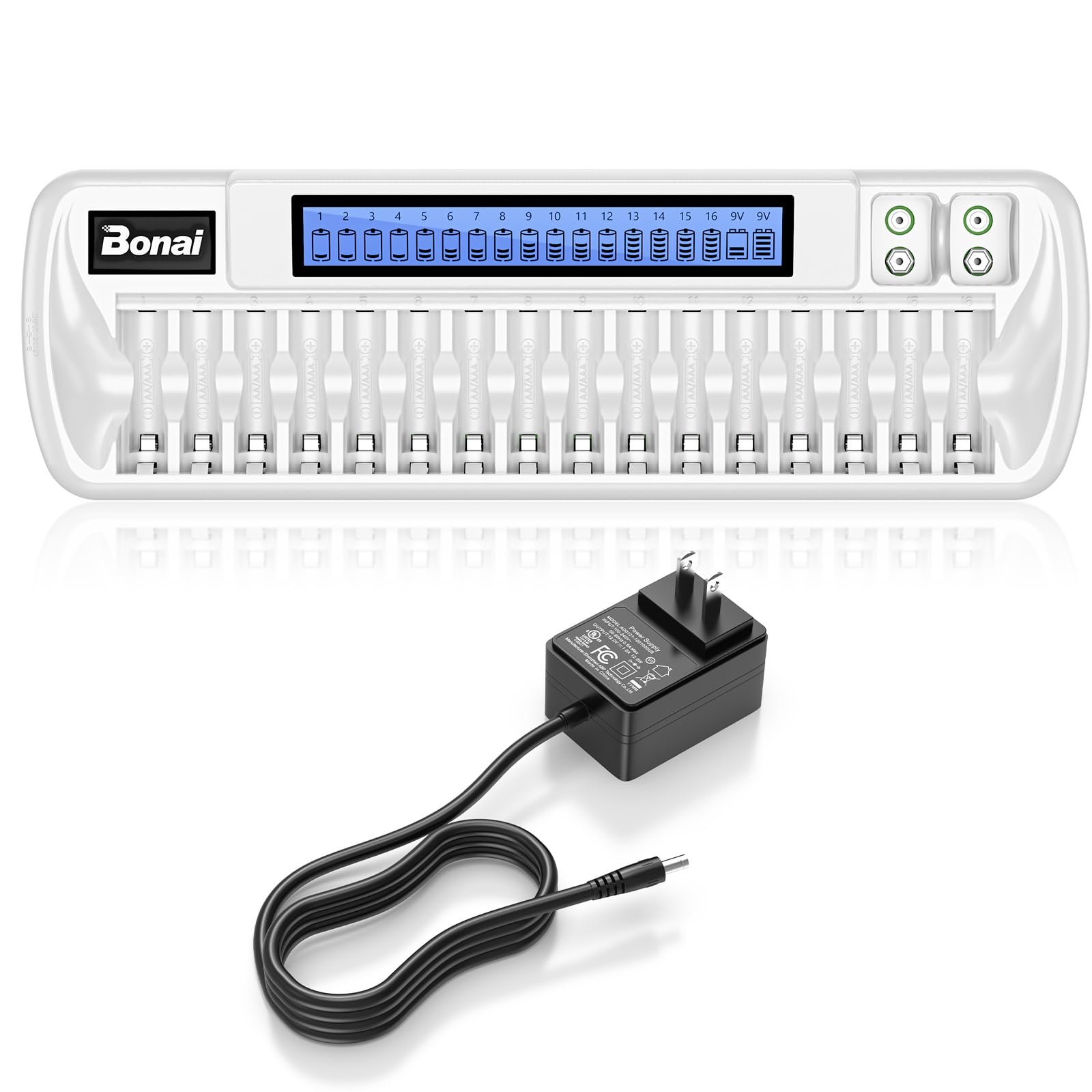 Bonai 16+2 Bay Smart LCD Battery Charger for AA AAA 9V NiMH NiCD Rechargeable Batteries - Independent Control with AC Adapter (White) - Perfect for Home, Office, and Emergency Power Backup