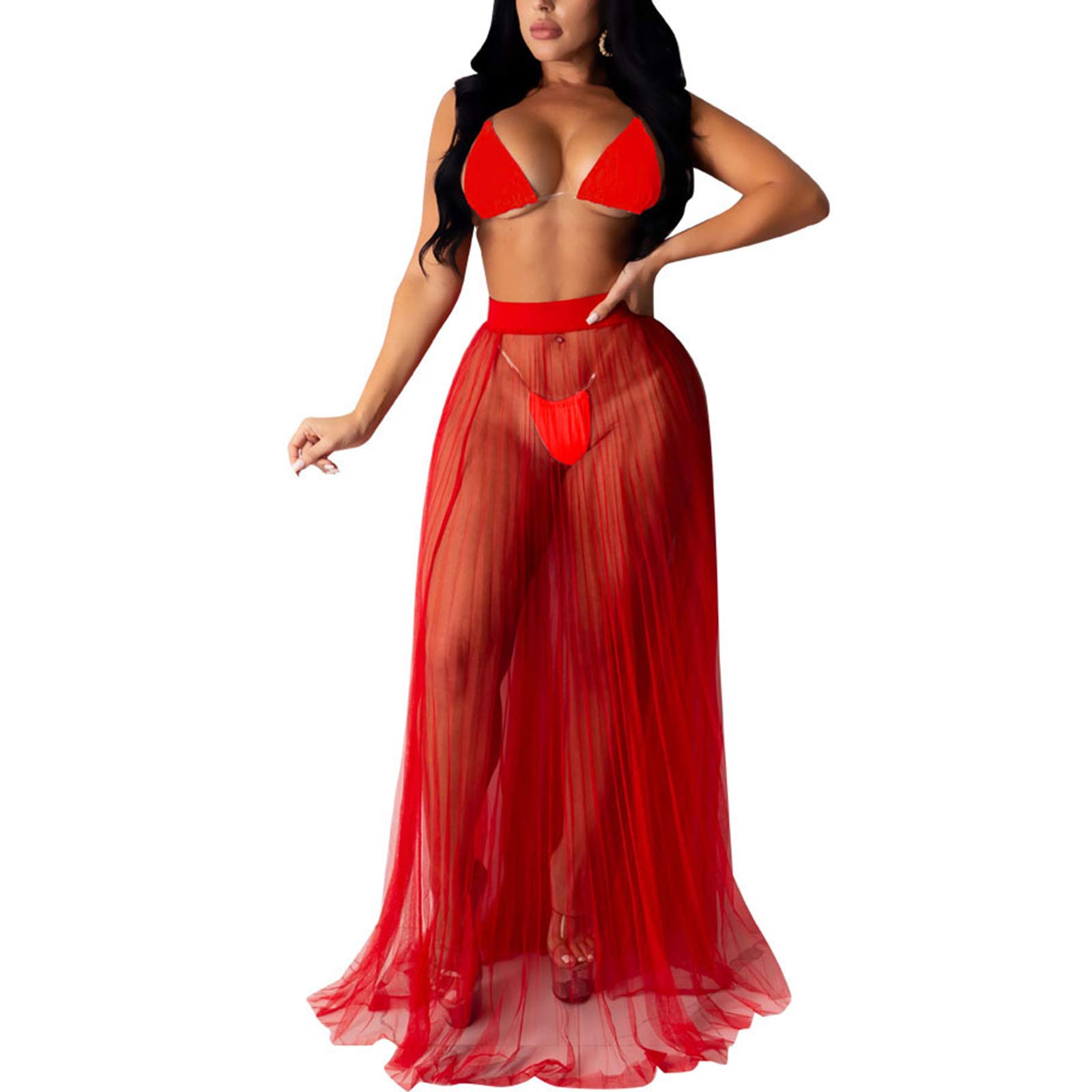 Women's 2 Piece Outfit - Flowy Chiffon Crop Top & High Slit Maxi Skirt Set | Sheer Beach Cover Up | Bikini Dress for Pool, Vacation & Summer Outfits