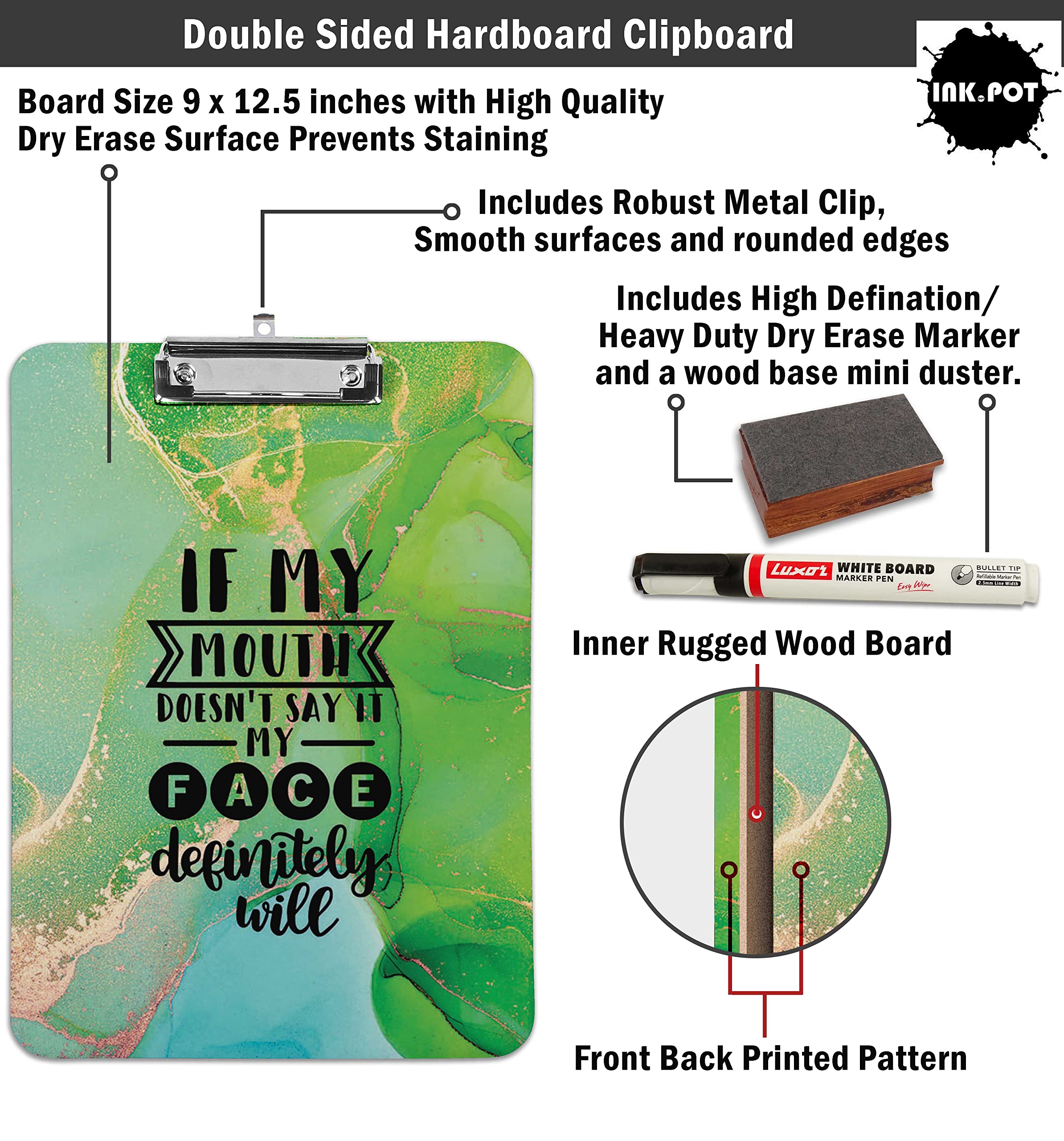 Double Sided Dry Erase Clipboard 9x12.5 - Letter Size with Marker & Duster for Office & School