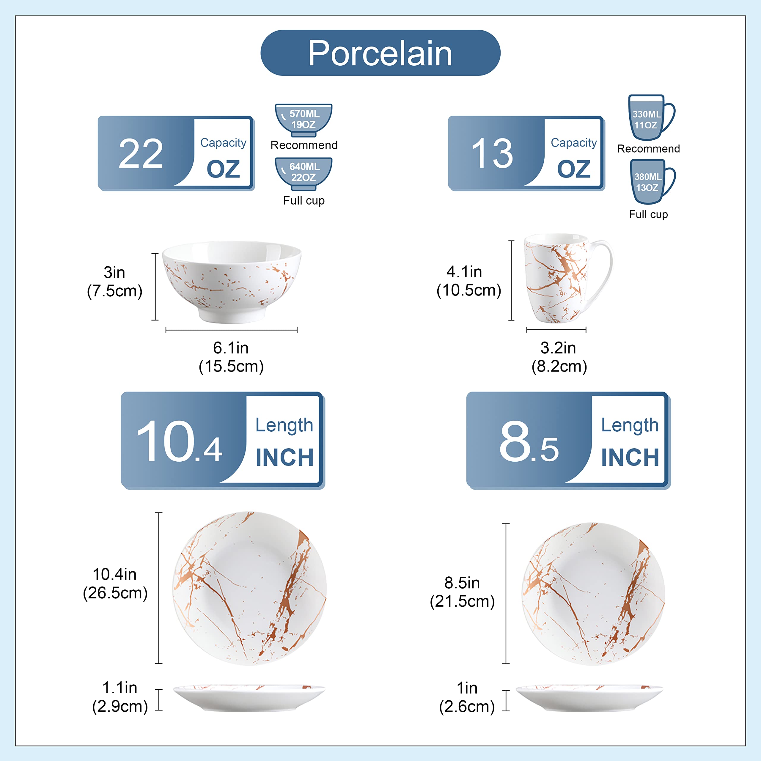 LOVECASA 32-Piece White Porcelain Dinnerware Set with Gold Splash for 8 - Dishwasher & Microwave Safe for Everyday Dining