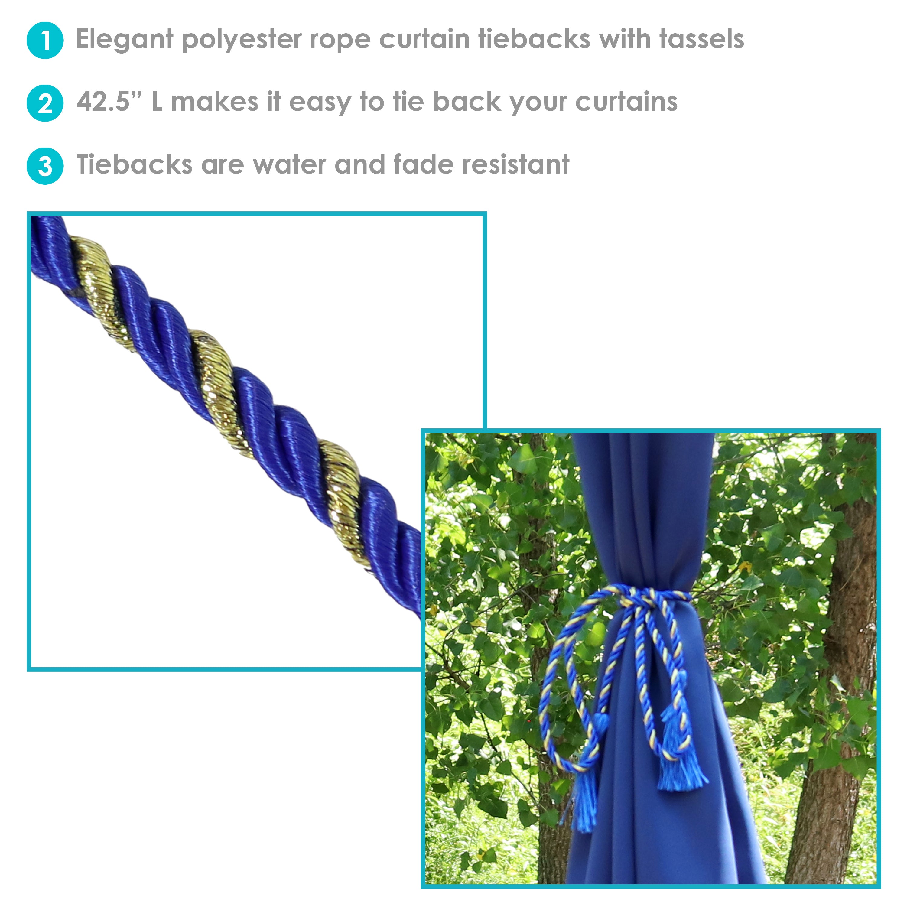 Sunnydaze Decorative Rope Curtain Tiebacks with Tassels - Indoor Outdoor Window Drapery Holdbacks for Living Room, Bedroom, Patio