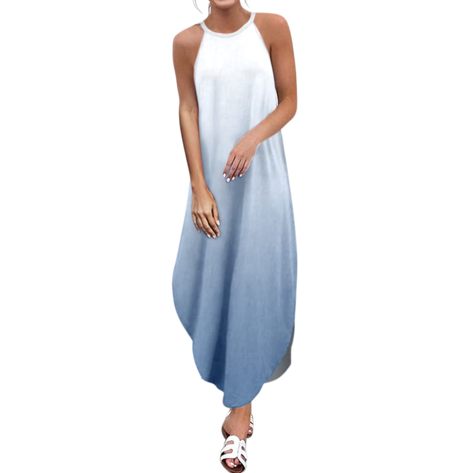 LVOFTJU Women's Casual Summer Maxi Dress - O Neck Sleeveless Floral Gradient Printed Sundress for Beach, Vacation & Outdoor Activities