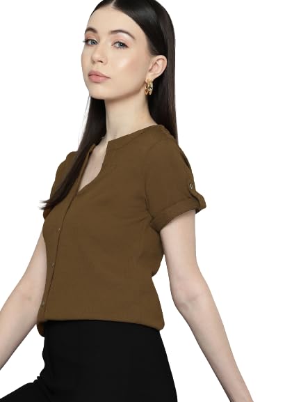 Wisstler Bronze Color Solid Crepe Shirt - Fashionable Office Wear with Half Sleeves | Perfect for Business Casual & Professional Outfits