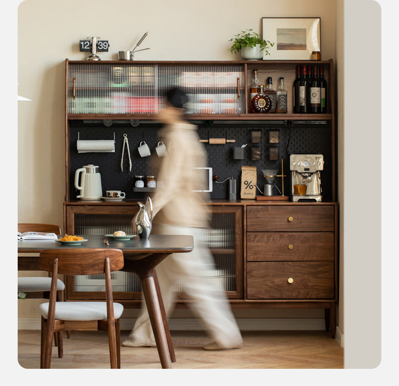 Black Walnut Sideboard with Integrated High Cabinet & Glass Doors - Stylish Storage for Dining Room, Living Room, or Entryway