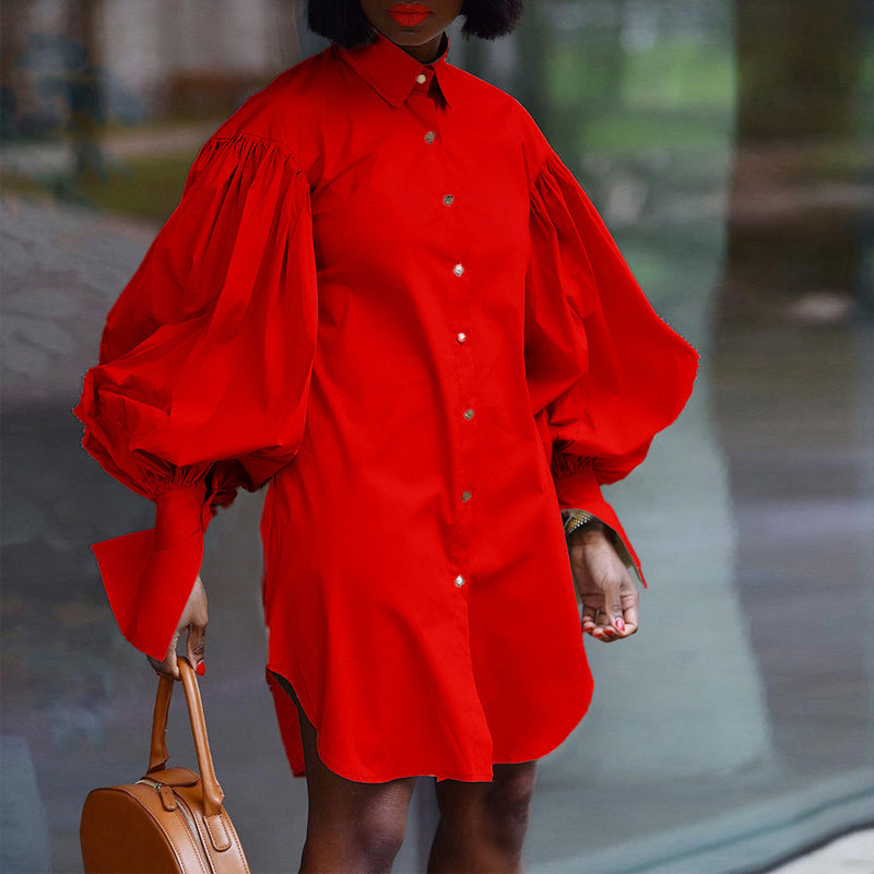 Stylish Solid Color Shirt Dress with Puffed Sleeves for Women | Casual & Office Wear | Perfect for Work, Dates & Everyday Outfits