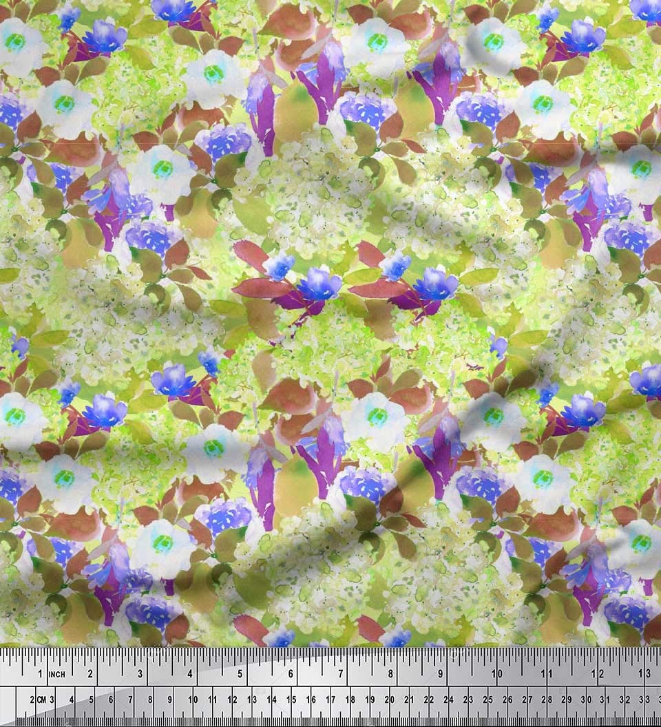 Soimoi 52 Inch Wide Polyester Georgette Fabric with Watercolor Flower & Leaves Print - Perfect for Dresses, Scarves, Blouses & DIY Sewing Projects