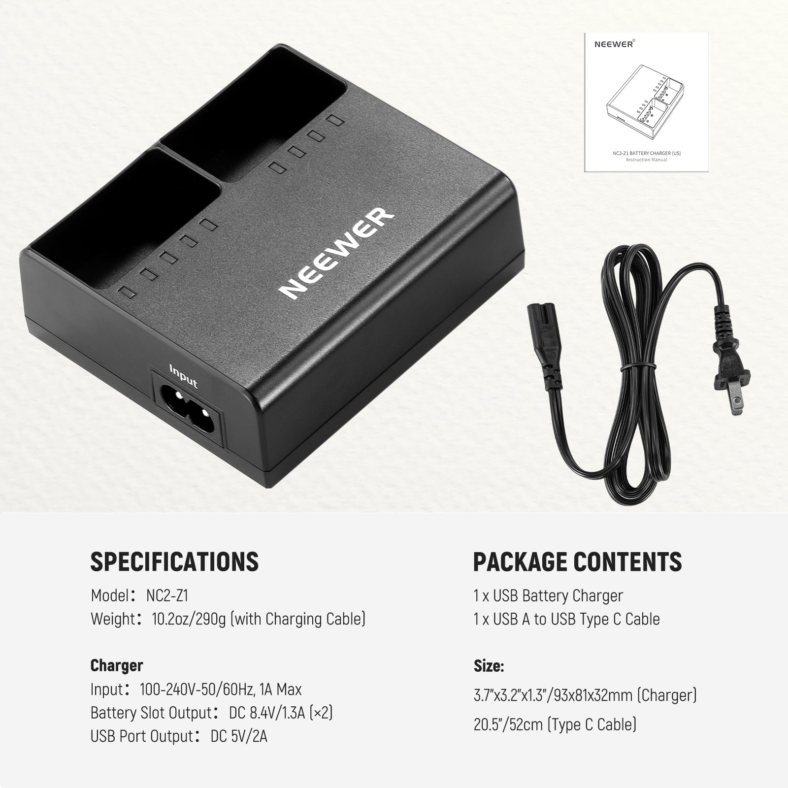 NEEWER NC2 Z1 Dual Slot Battery Charger Kit for Z2 Z1 Z760 Z880 Cameras - Fast Charging & LCD Display - Perfect for Travel, Photography & Professional Use