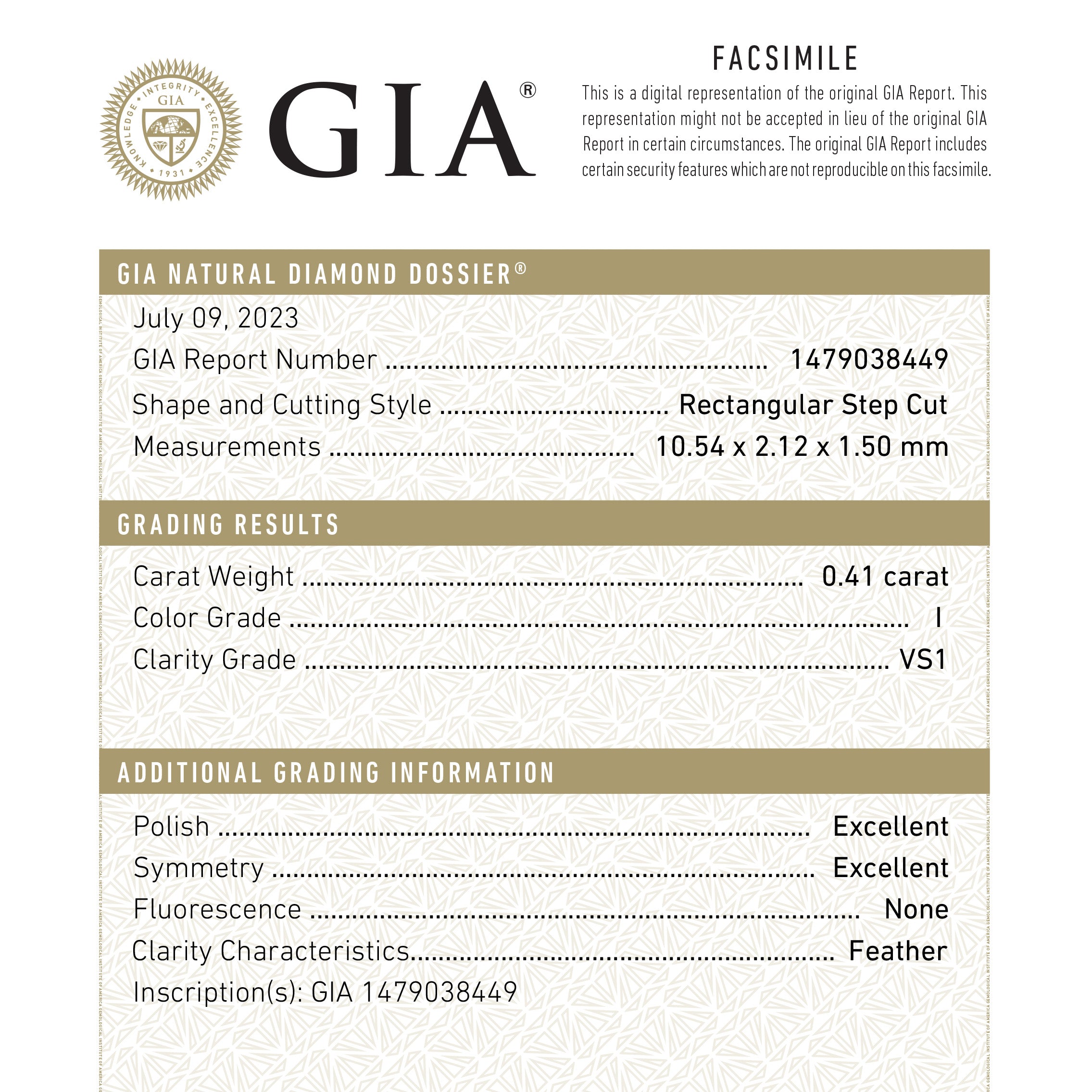 0.41ct GIA Certified VS1 I Color Baguette Step Cut Diamond (10.54x2.12x1.50mm) - Perfect for Engagement Rings & Luxury Jewelry
