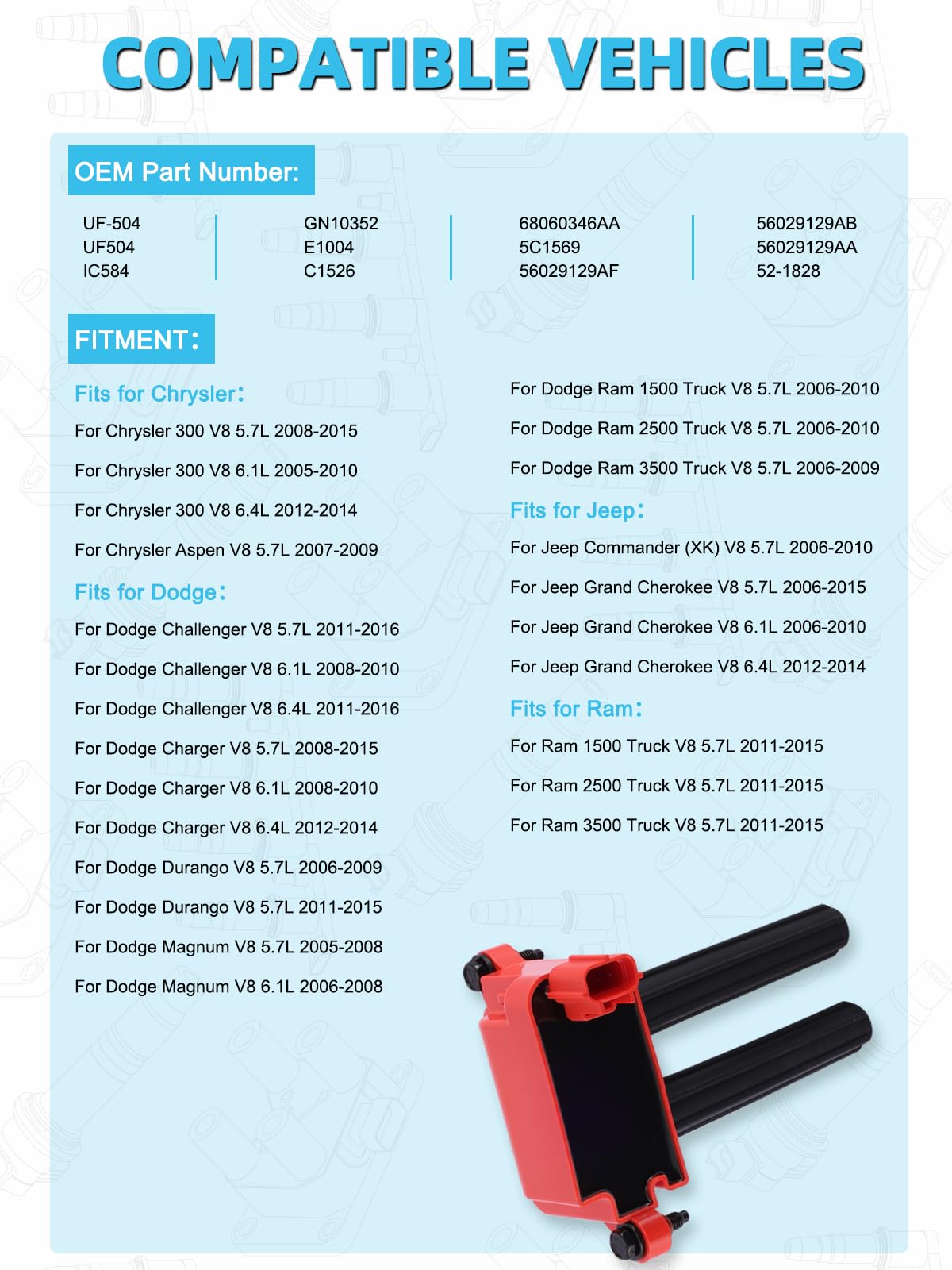 High Performance UF504 Ignition Coil Set of 8 - Compatible with 5.7L 6.1L 6.4L HEMI Engines (2005-2016) - Fits Chrysler 300 Aspen, Dodge Challenger Charger Durango Magnum Ram 1500/2500/3500, Jeep Commander Grand Cherokee - Direct Replacement for GN10616 - Perfect for Engine Tune-Ups & Performance Upgrades