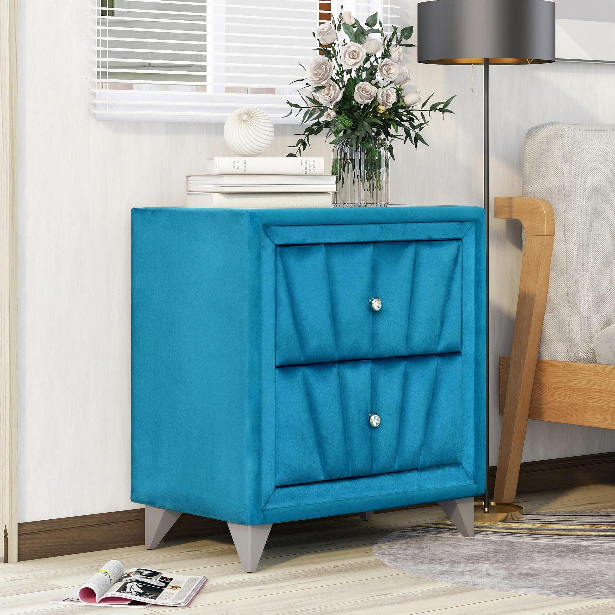Luxury Upholstered Wooden Nightstand with 2 Drawers - Velvet Fabric & Glass Top End Table for Bedroom, Living Room, Hallway - Blue & Glass Design | Perfect for Bedside Storage, Home Decor & Small Space Organization