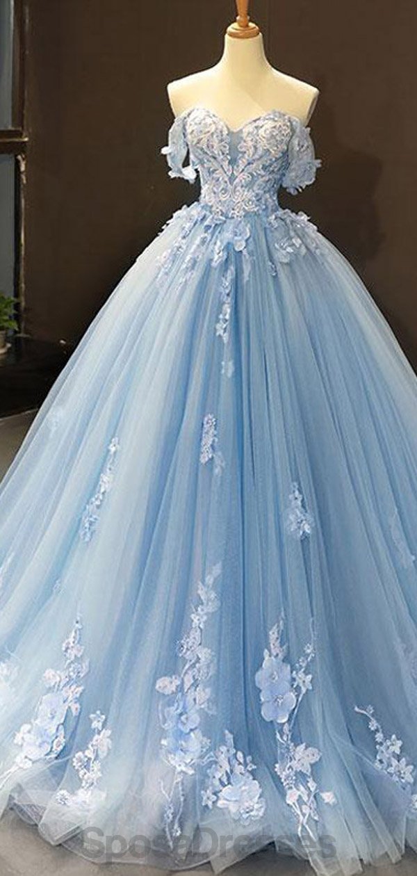 Elegant Off Shoulder Blue Handmade Floral Long Evening Prom Dress for Women - Perfect for Formal Dances, Galas & Special Occasions