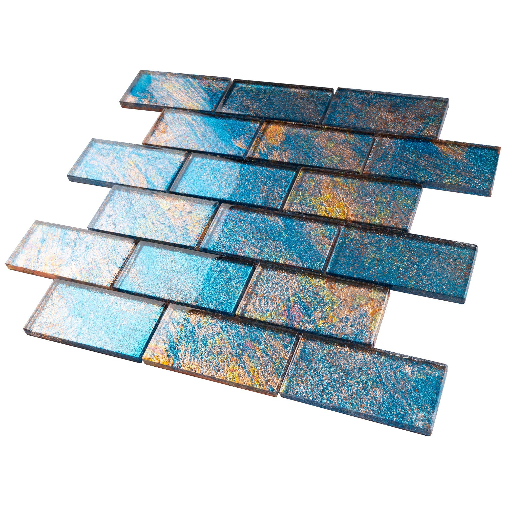 TGKG-02 Blue Galaxy 2x4 Glass Mosaic Tile Sheet - 10 Pack - Subway Tile for Kitchen Backsplash, Bathroom Wall & Shower Decor - Waterproof Peel & Stick DIY Installation