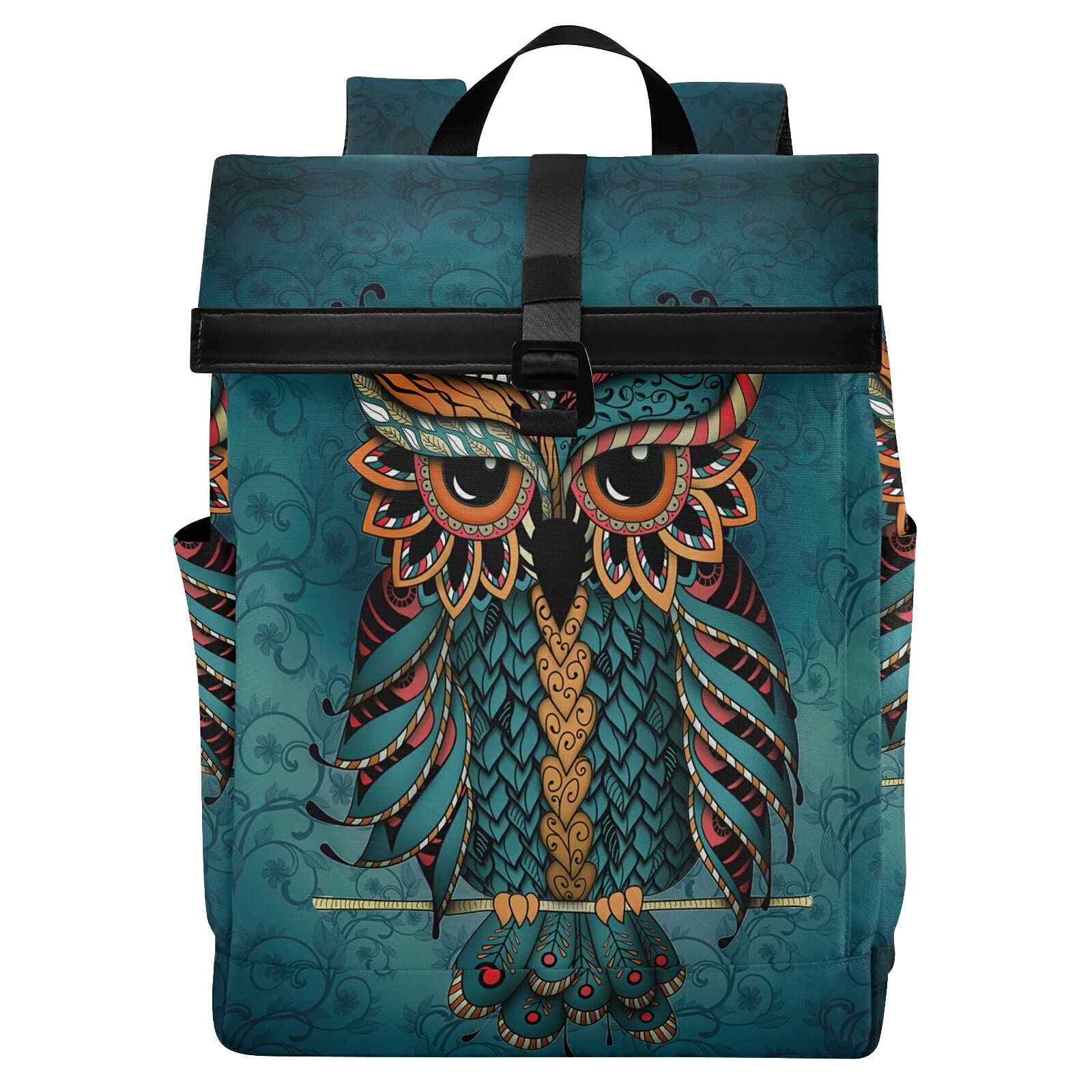 ALAZA Green Owl Print Patrick Boho Ethnic Large Waterproof Anti-Theft Roll Top Laptop Backpack for Women & Men - Fits 13-17.3 Inch Laptops - Perfect for Travel, Work & College