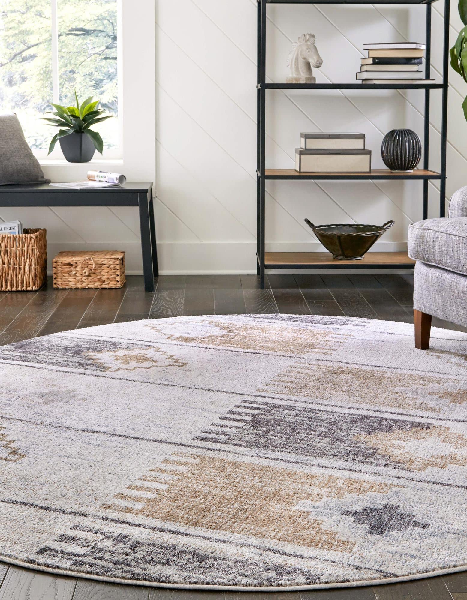Unique Loom Eco-Friendly Southwestern Style Round Area Rug - 7' x 7' Ivory & Black Handwoven Design | Perfect for Living Room, Bedroom or Boho Home Decor