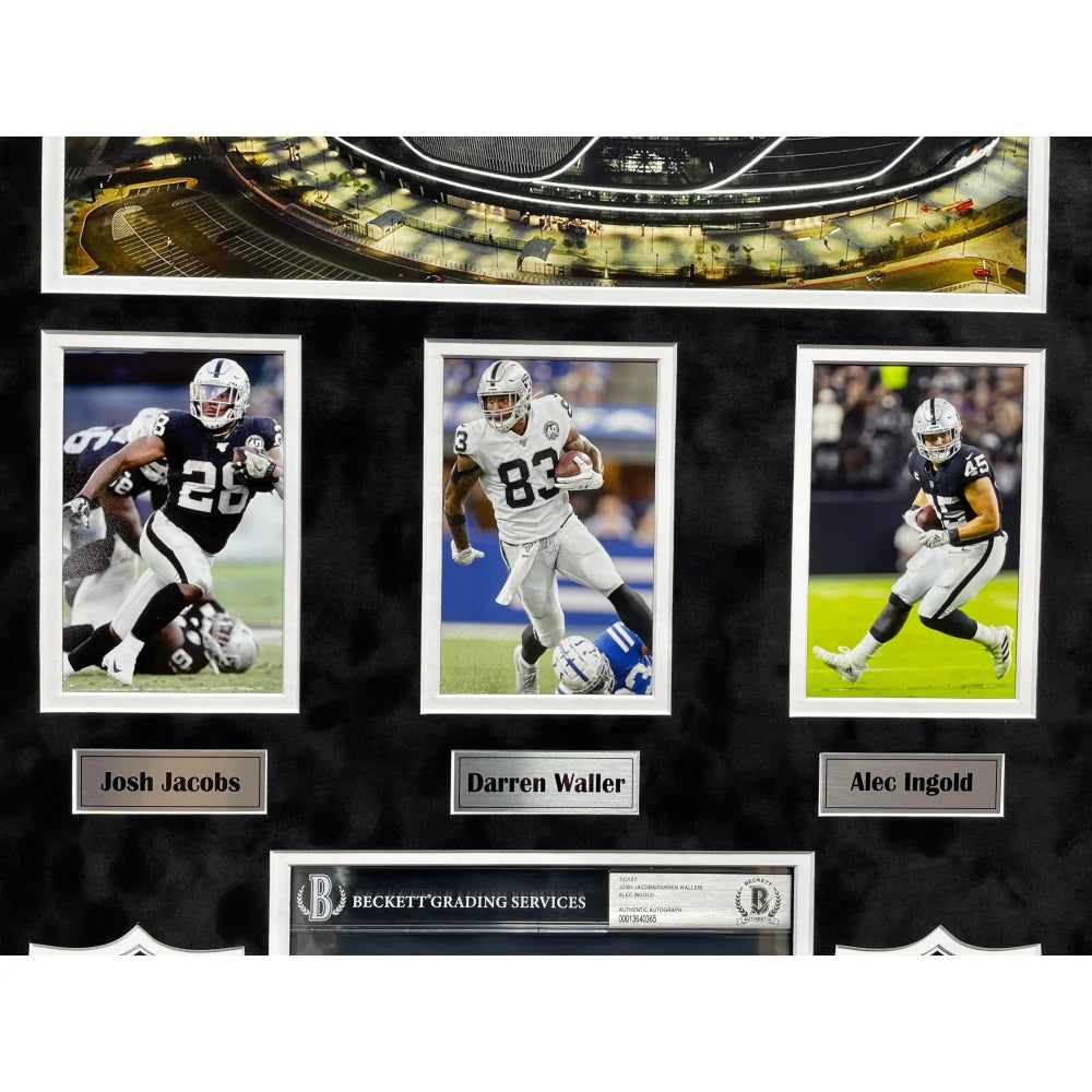 Authentic Las Vegas Raiders 1st Year Ticket Collage - Signed by Darren Waller, Josh Jacobs & Alec Ingold - Framed Memorabilia with BAS COA - Perfect for Raiders Fans, Man Cave Decor & Sports Collectibles Display