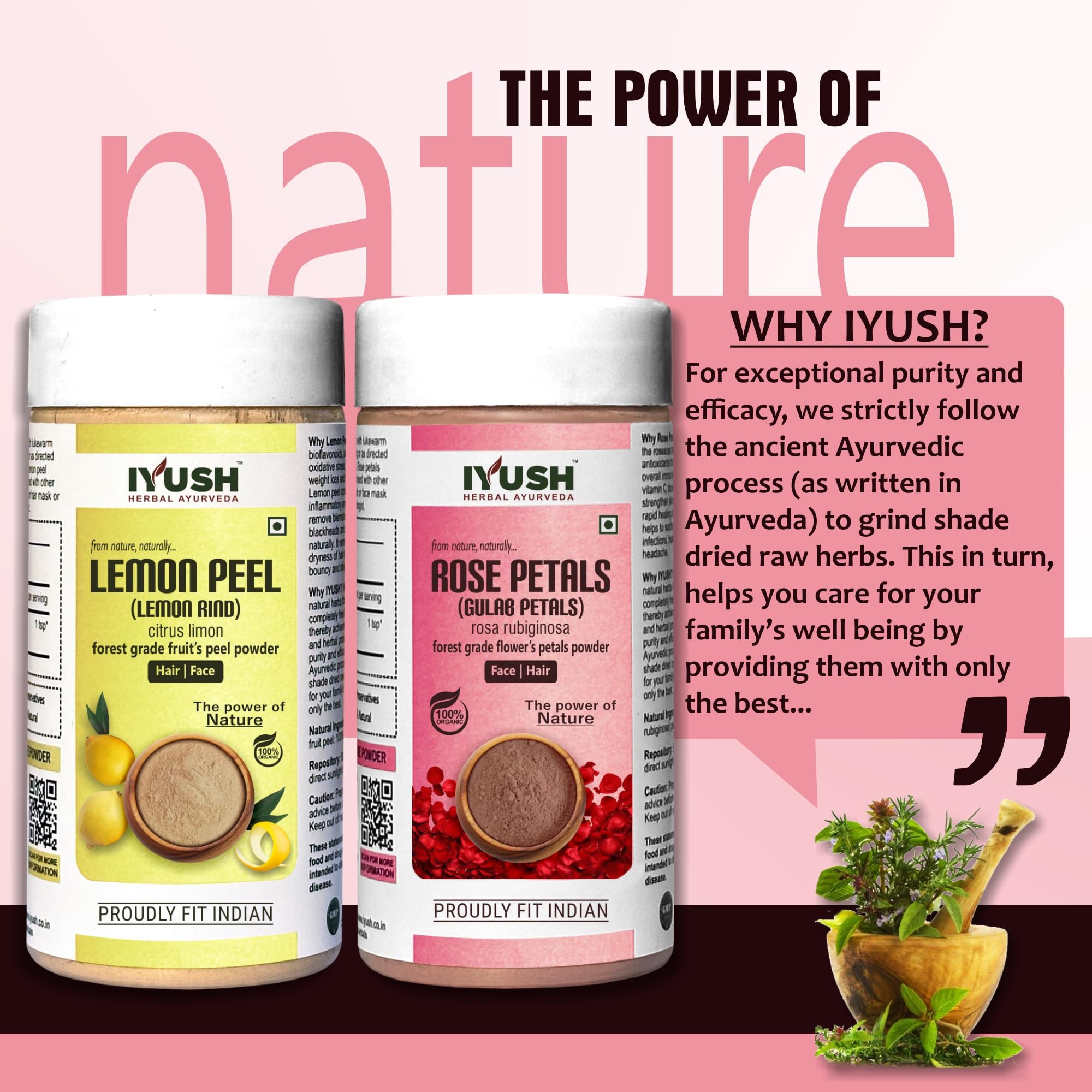 IYUSH Herbal Ayurveda Rose Powder & Lemon Peel Powder Combo - 100g Each | Natural Skin Care, Hair Treatment & Aromatherapy | DIY Face Masks & Herbal Teas