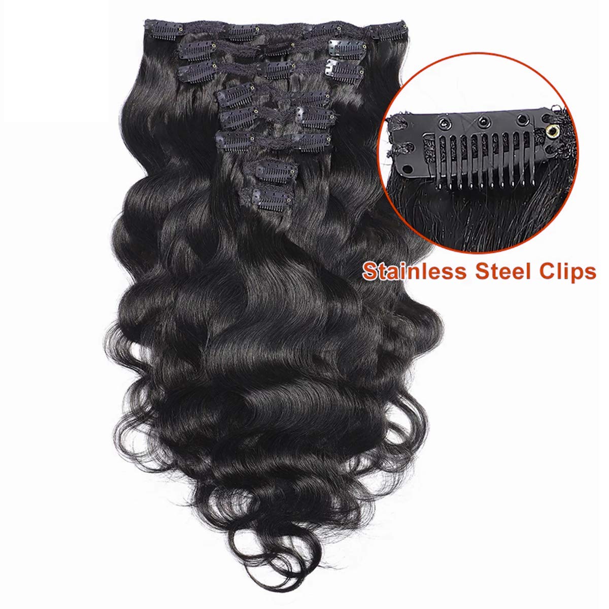 Clip-in Hair Extensions #1B Natural 10A Body Wave 100% Virgin Human Hair - 8pc/Lot 125g with 16 Clips (26 Inch) for Volume & Length - Perfect for Parties, Weddings & Daily Styling