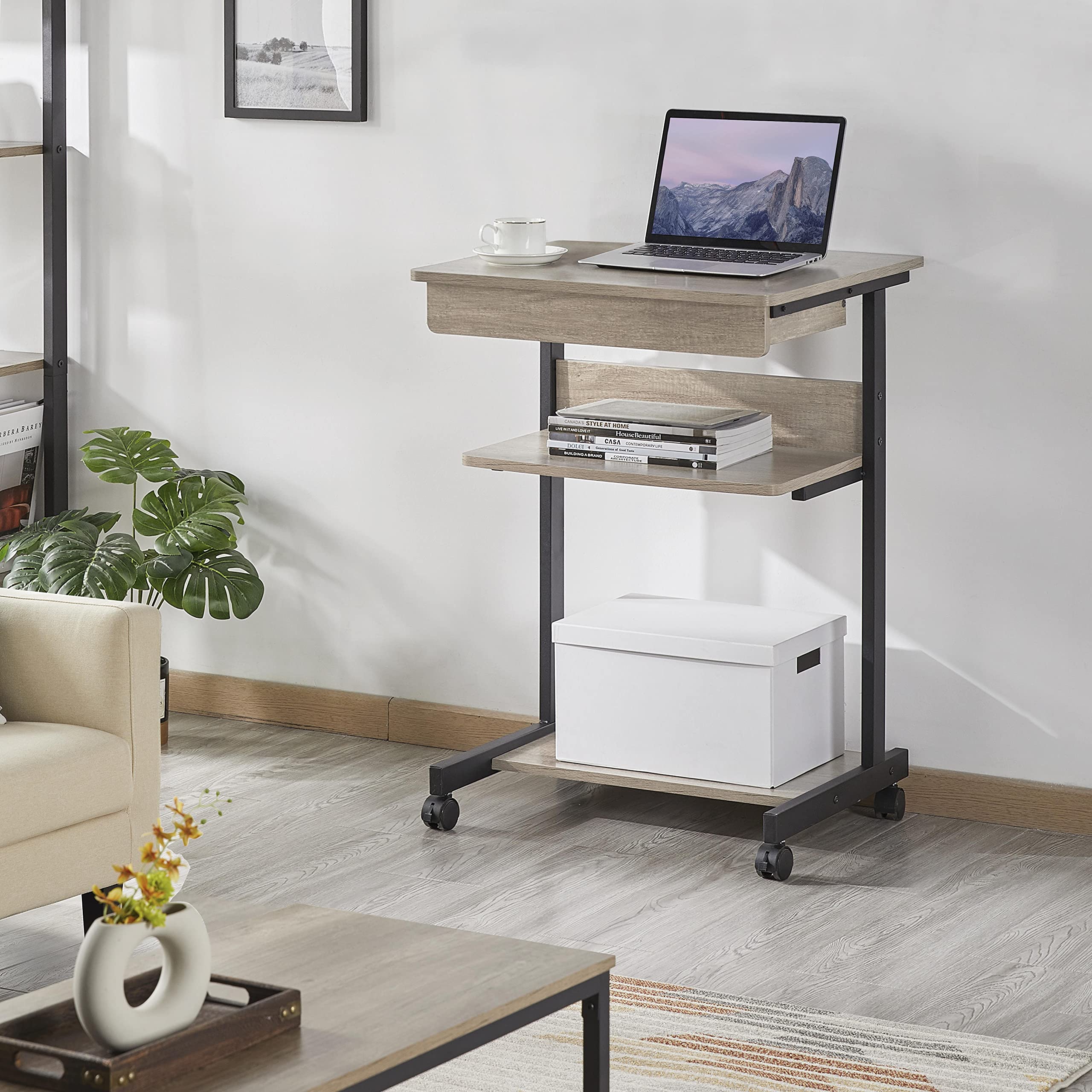 Yaheetech Rolling Computer Desk with Drawer & Keyboard Tray - Adjustable Mobile Laptop Desk Cart Standing Workstation for Home Office, Study & Small Spaces - Ergonomic Gray Computer Table for Work from Home & Remote Learning