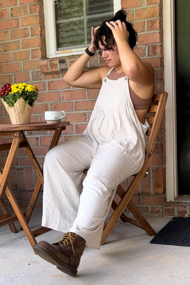 Women's Beige Linen Overalls - Comfortable Jumpsuit with Pockets for Gardening, Casual Outings & Summer Fashion