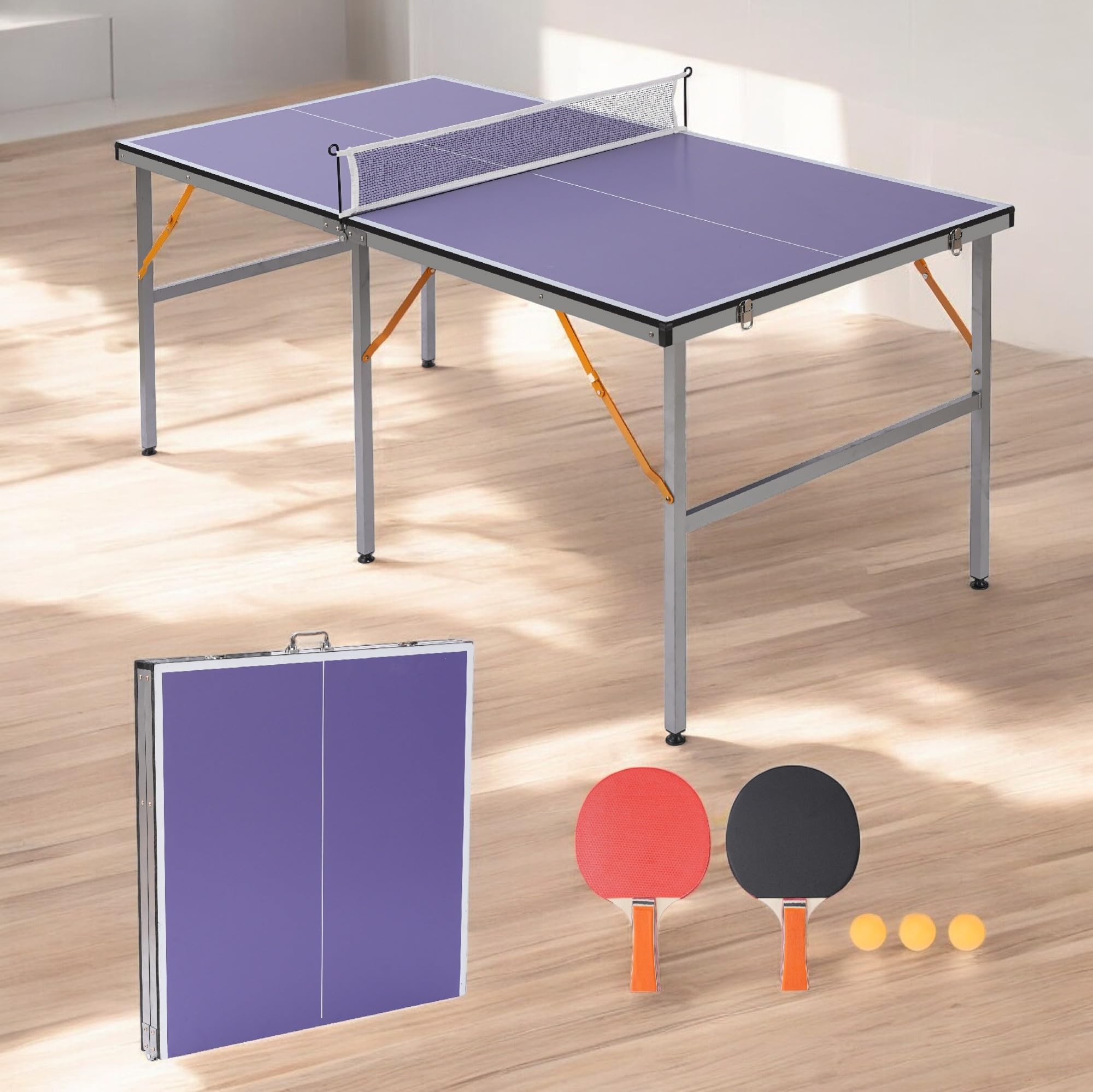 6ft Professional Foldable Outdoor Table Tennis Table - Portable Ping Pong Set with Net, 2 Paddles & 3 Balls for Indoor/Outdoor Games | Perfect for Backyard, Garage, or Recreation Room