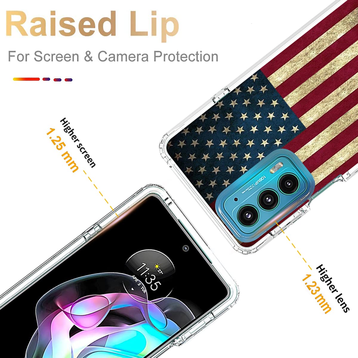 **Motorola Edge 20 Case with Tempered Glass Screen Protector – Cute Clear USA Flag Design, Full-Body Protective Cover for Moto Edge 20 5G – Perfect for Daily Use, Travel & Outdoor Activities**