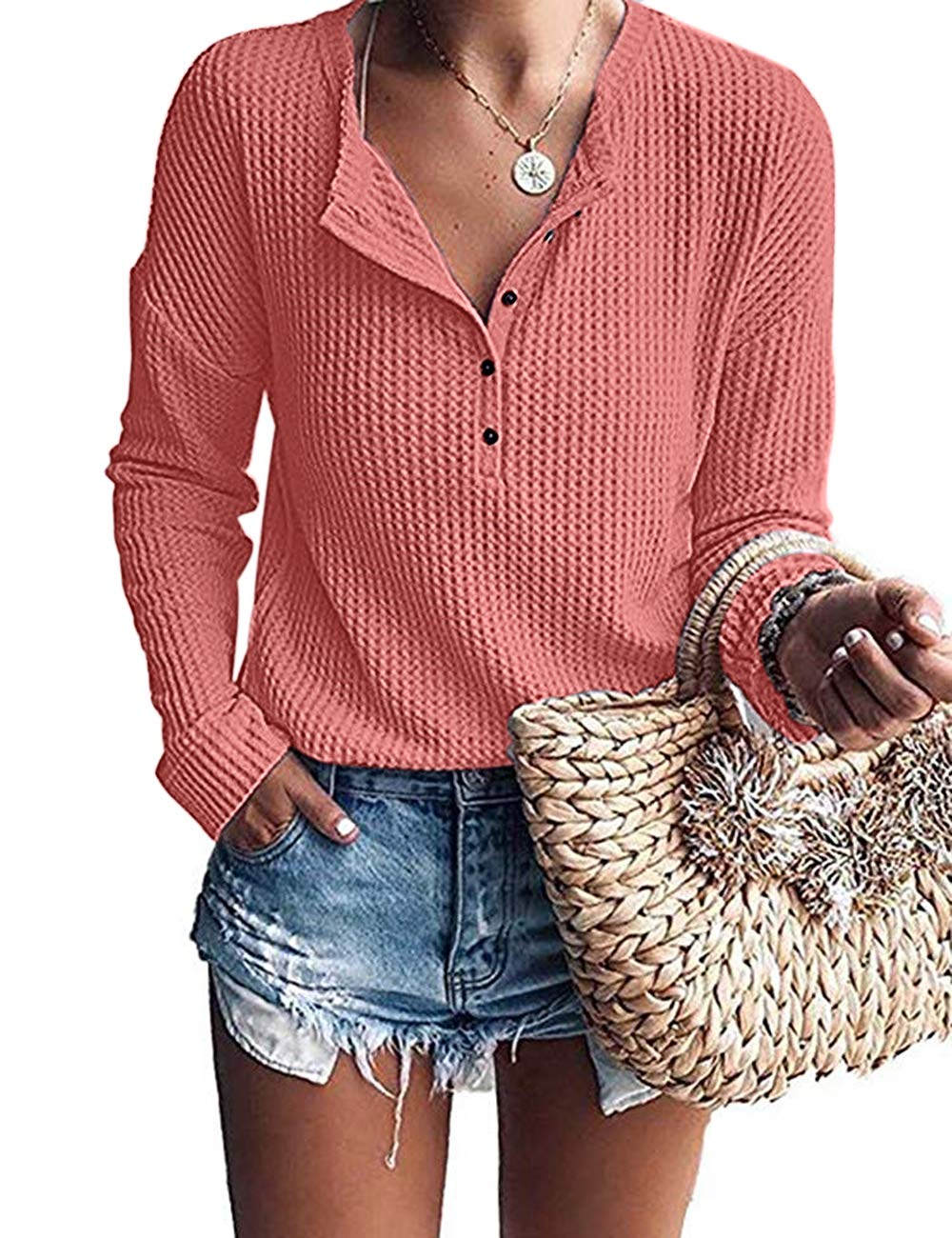 WNEEDU Women's Waffle Knit Tunic Tops - Loose Fit Long Sleeve Button Up V-Neck Henley Shirts for Casual Wear, Office & Fall Layering