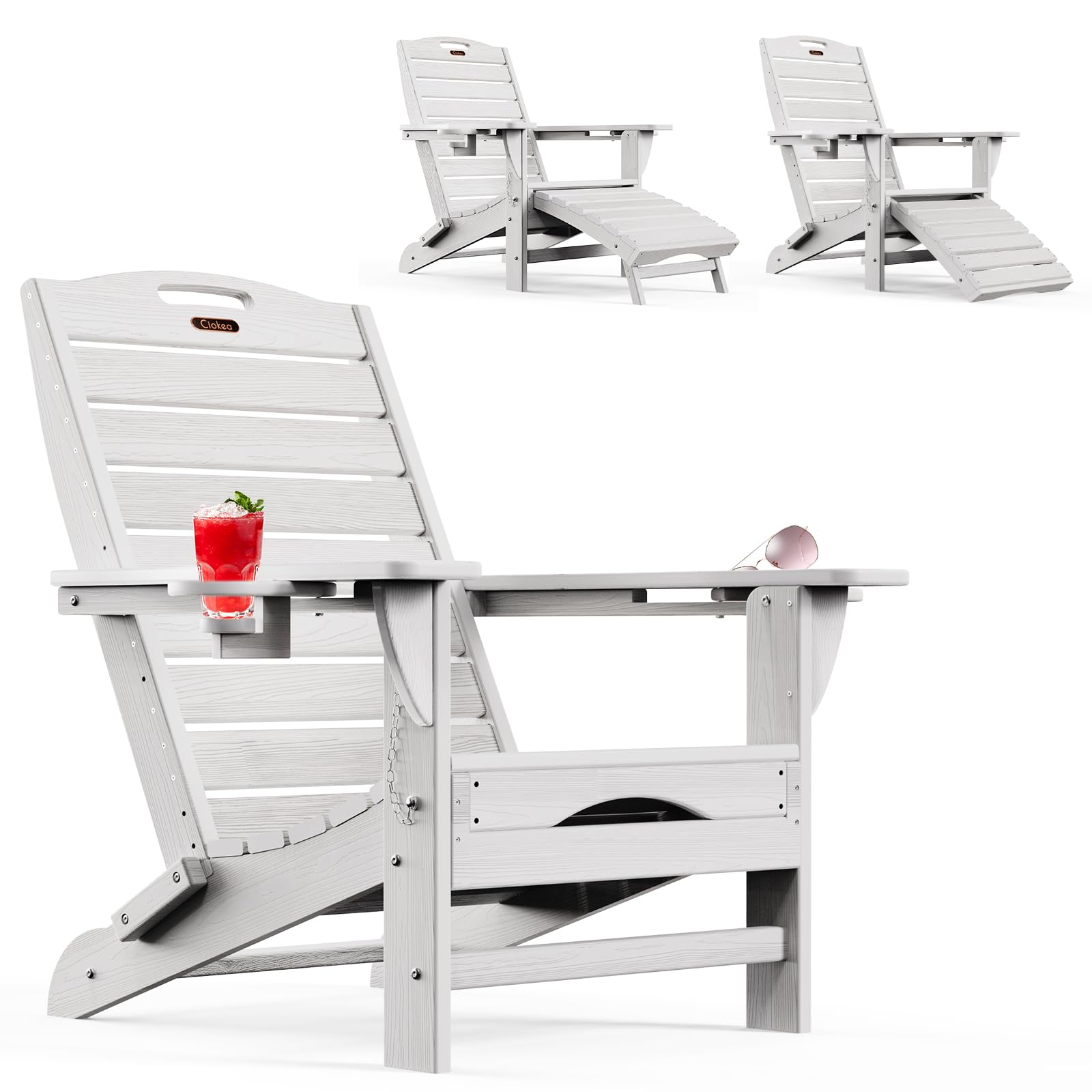 Ciokea Folding Adirondack Chair with Retractable Ottoman & Fire Pit - Weather-Resistant Patio Lounge Chair with Pull-Out Footrest & 2 Cup Holders - Perfect for Backyard, Poolside & Camping (White)